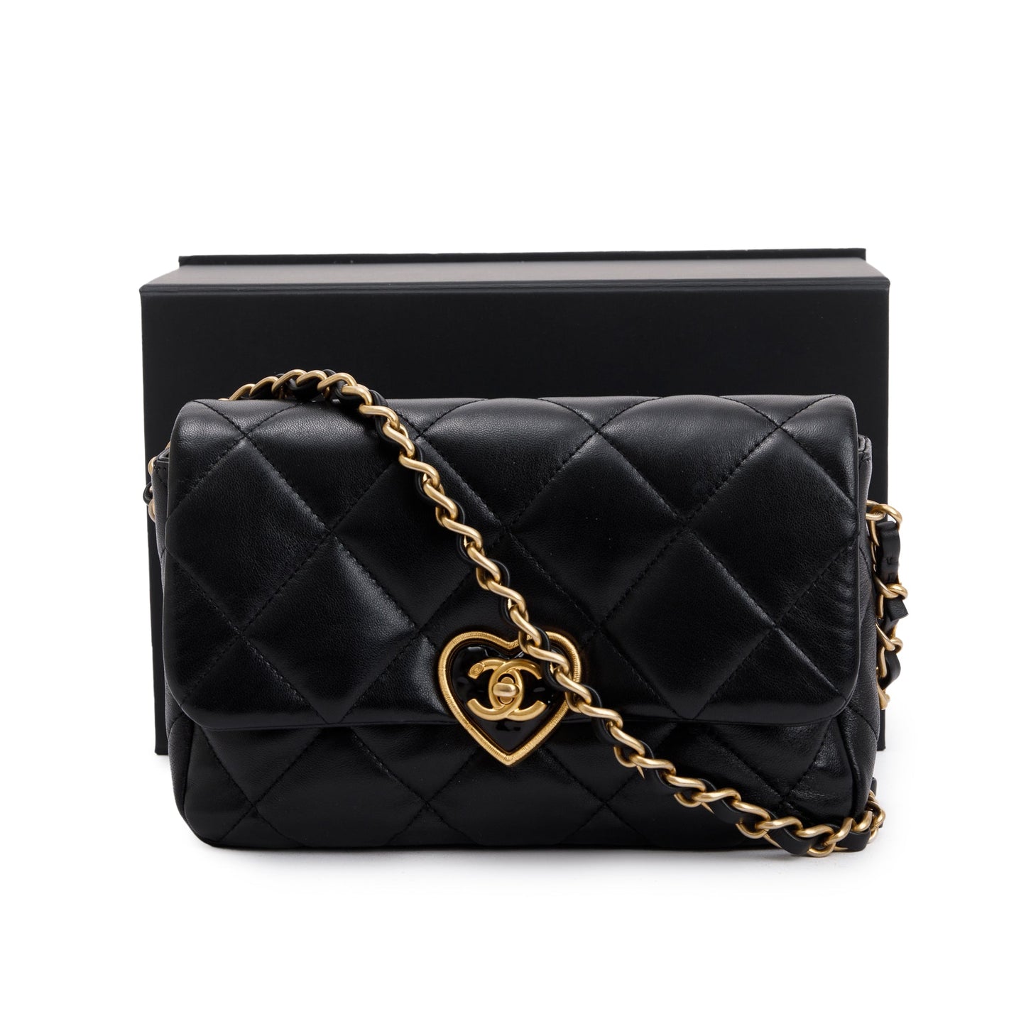Chanel Quilted Heart Flap Leather Lambskin Black Travel Bag