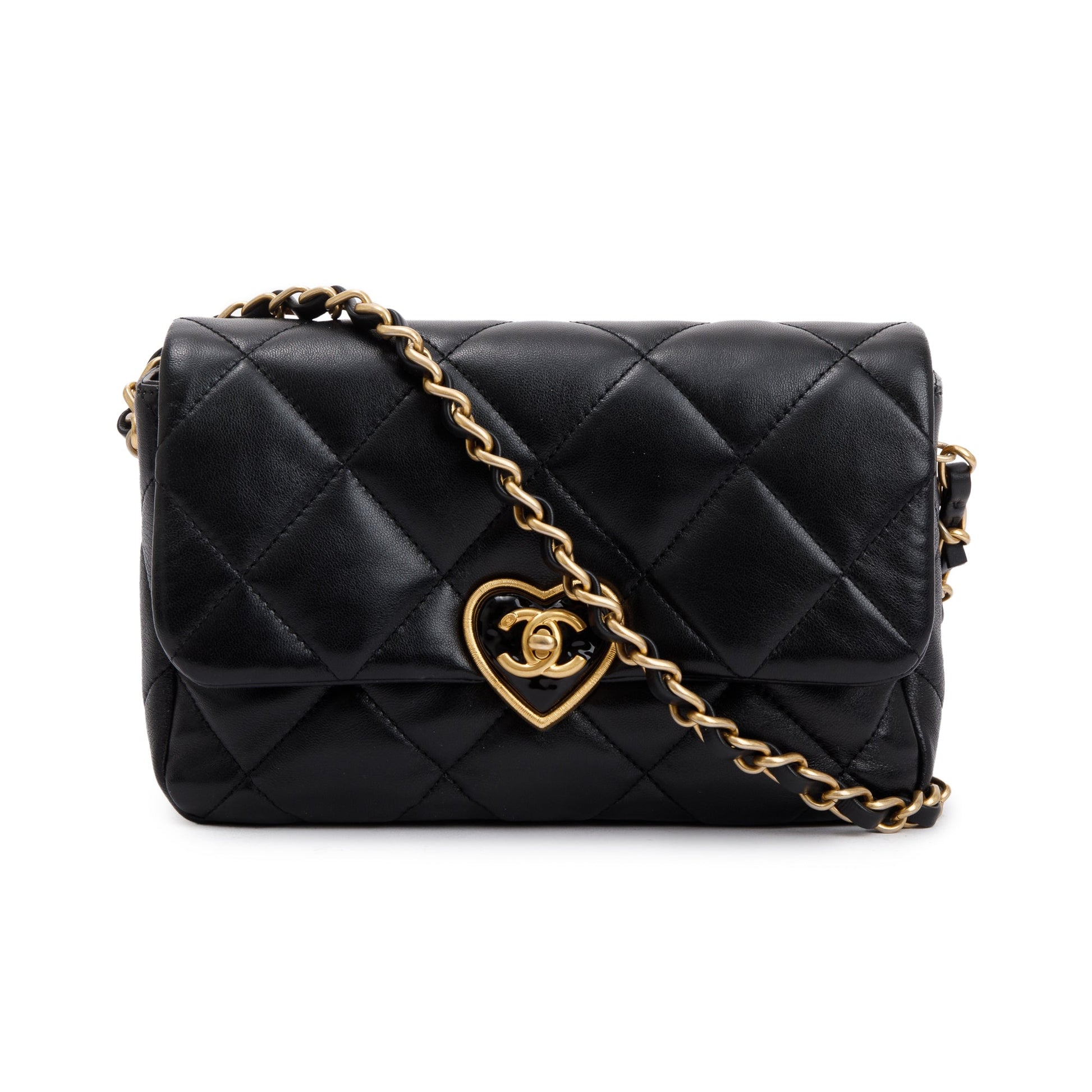 Chanel Quilted Heart Flap Leather Lambskin Black Travel Bag