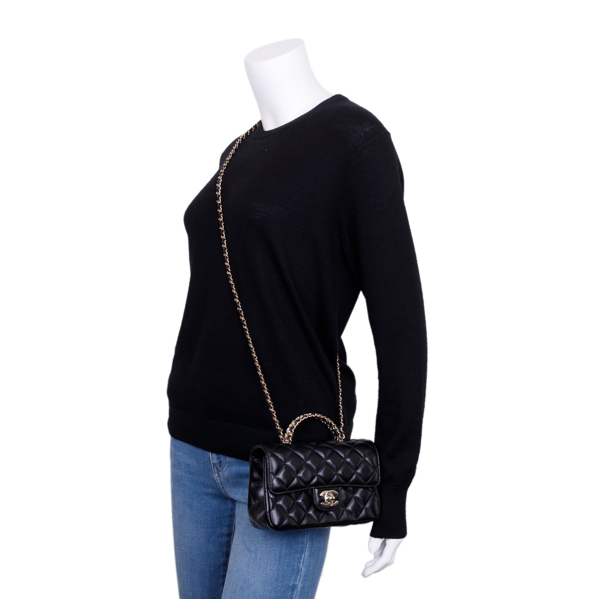 Chanel Quilted Crystal Top Handle Rectangular Lambskin Black Travel Bag
