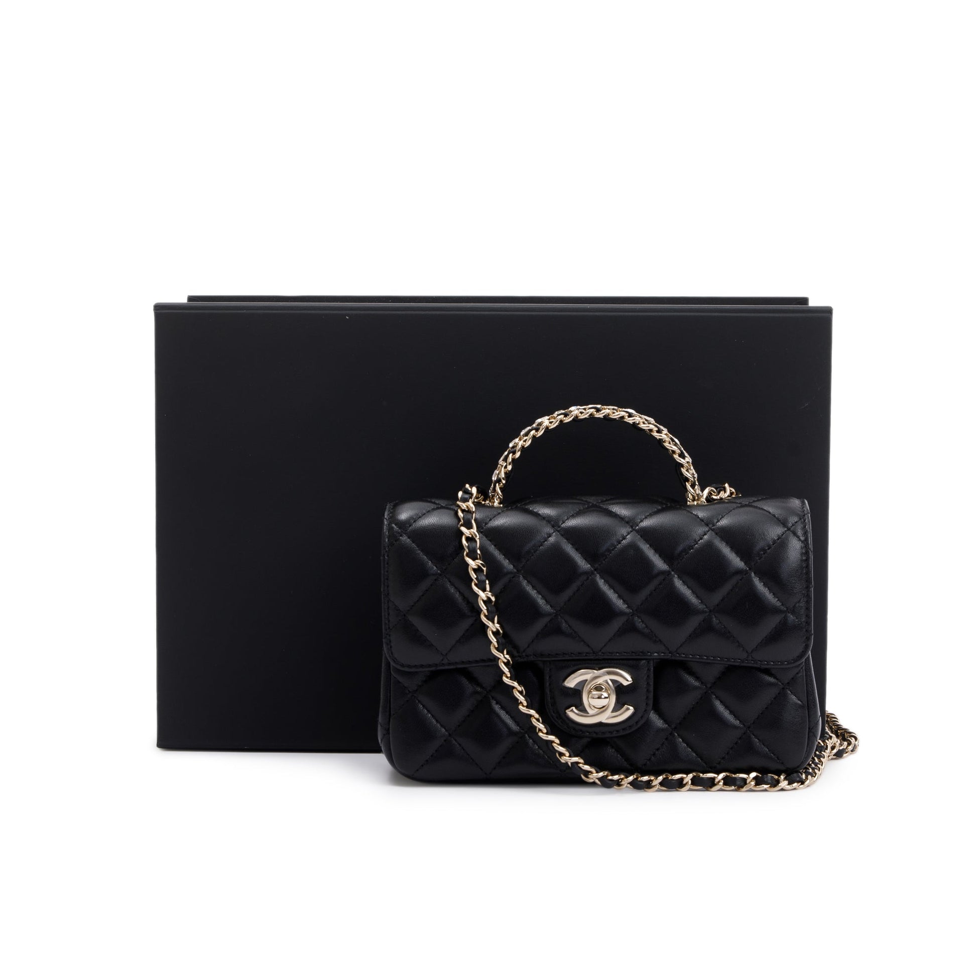 Chanel Quilted Crystal Top Handle Rectangular Lambskin Black Travel Bag