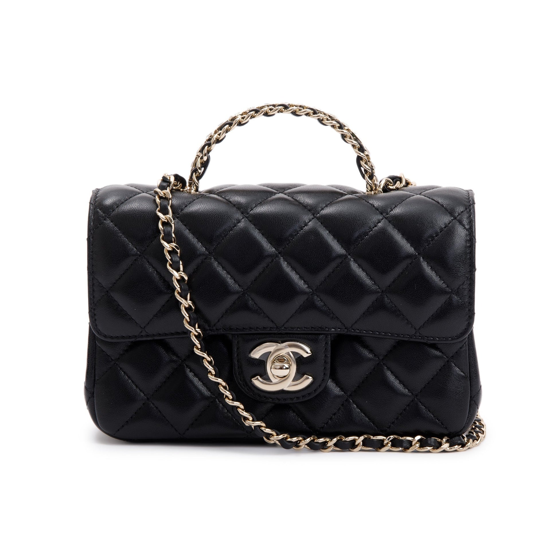 Chanel Quilted Crystal Top Handle Rectangular Lambskin Black Travel Bag