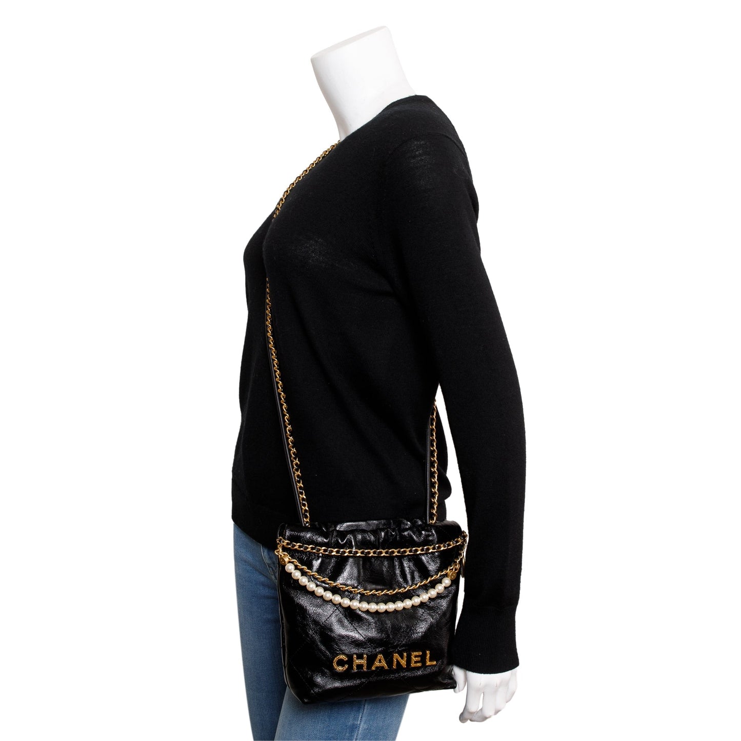 Chanel Shiny Pearl 22 Leather Calfskin Black Travel Bag