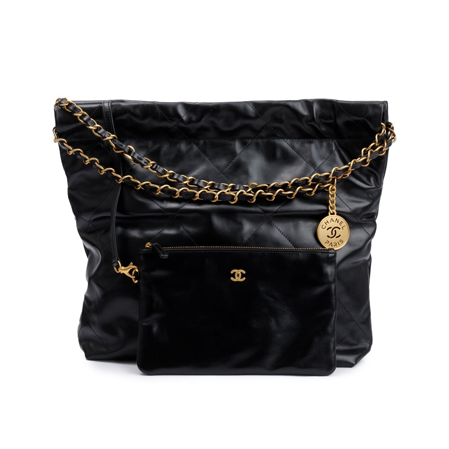 Chanel Shiny 22 Hobo Leather Calfskin Black Travel Bag