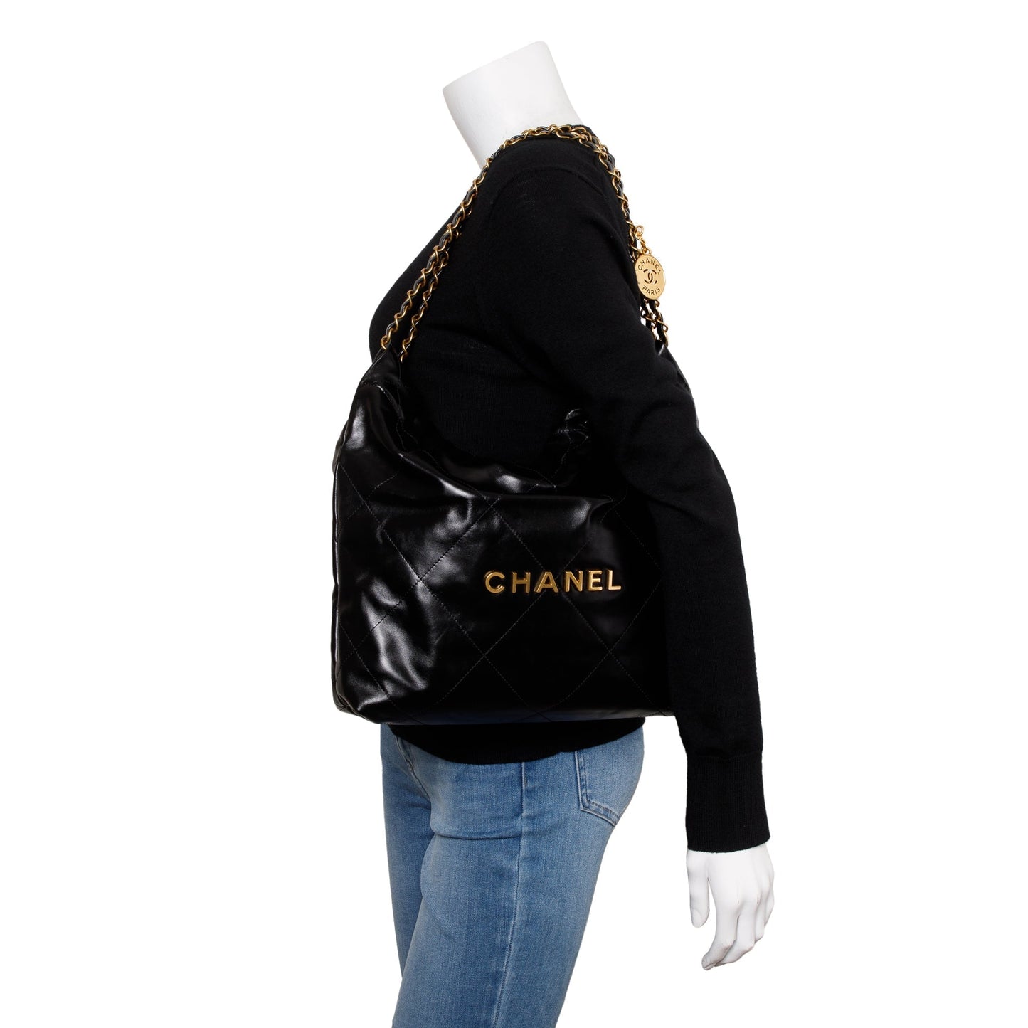 Chanel Shiny 22 Hobo Leather Calfskin Black Travel Bag
