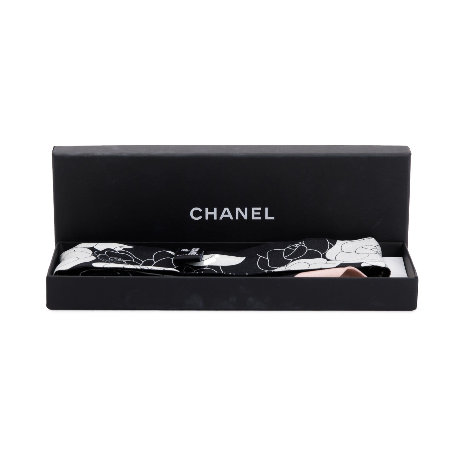 Chanel Printed Silk Twill Slim Bandeau Black White Travel Bag