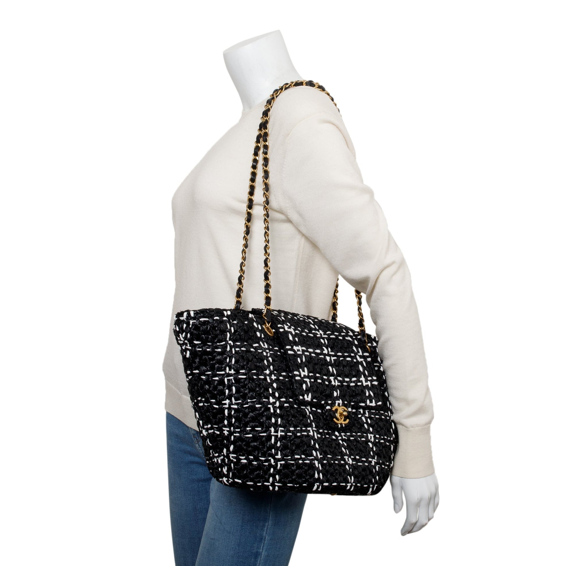Chanel Raffia CC Flap Calfskin Black White Travel Bag