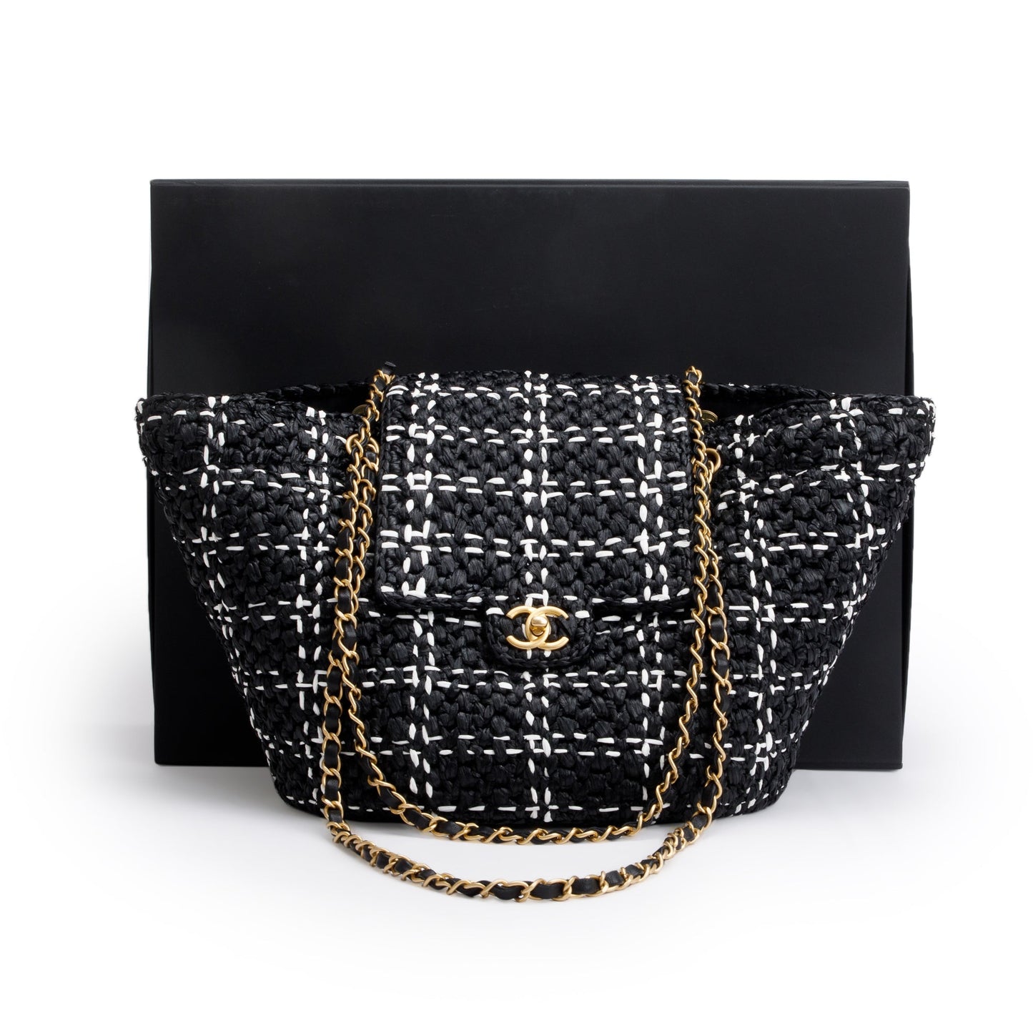 Chanel Raffia CC Flap Calfskin Black White Travel Bag