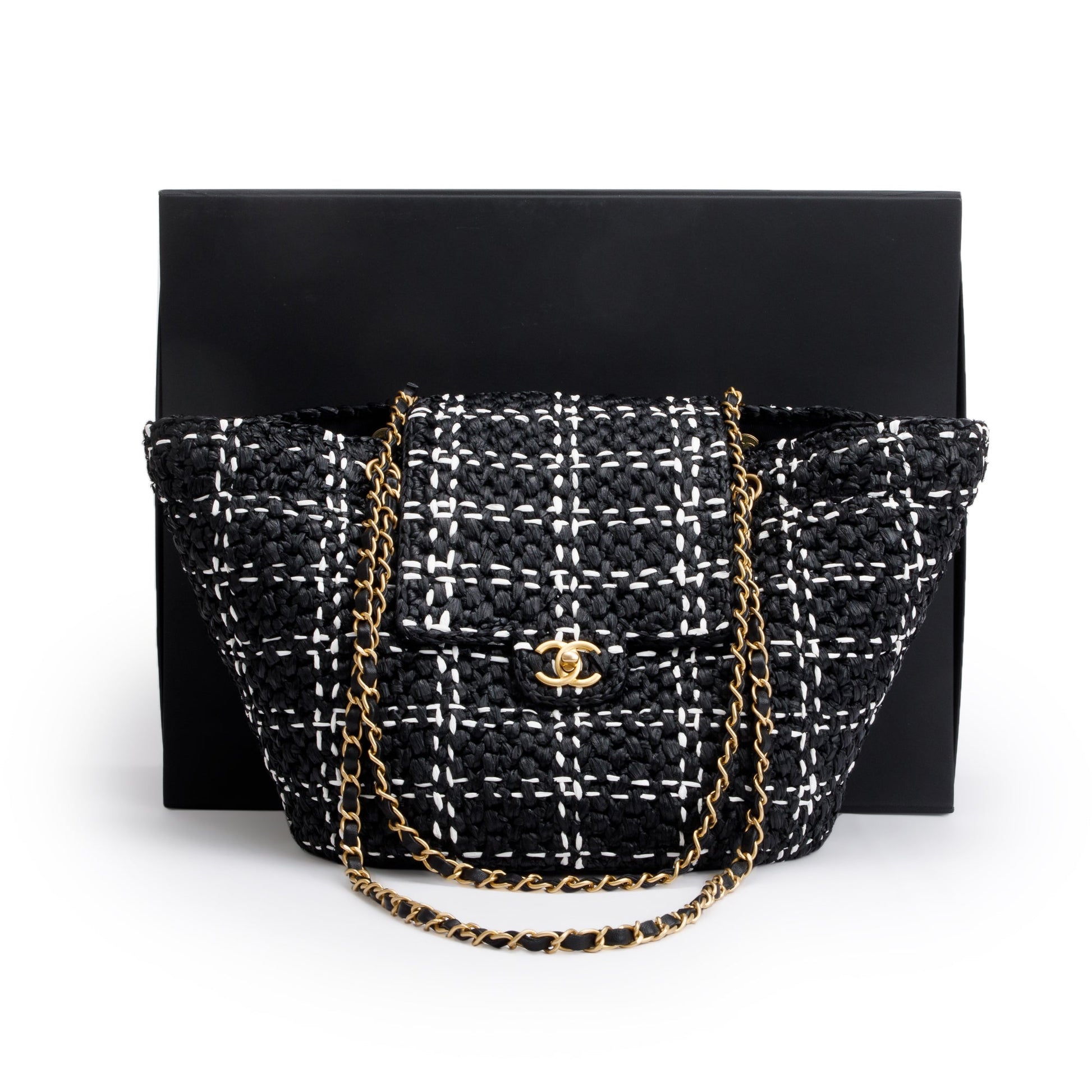 Chanel Raffia CC Flap Calfskin Black White Travel Bag