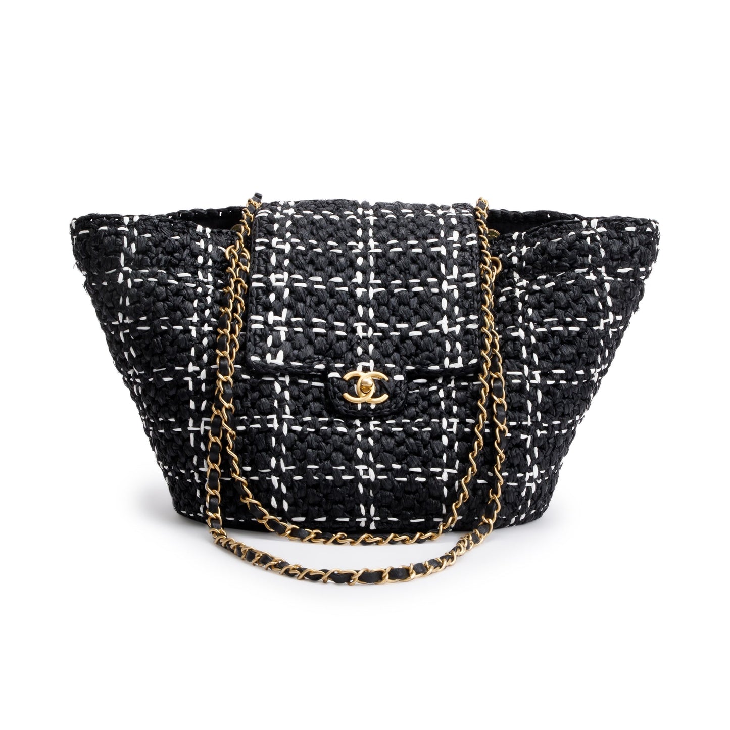 Chanel Raffia CC Flap Calfskin Black White Travel Bag