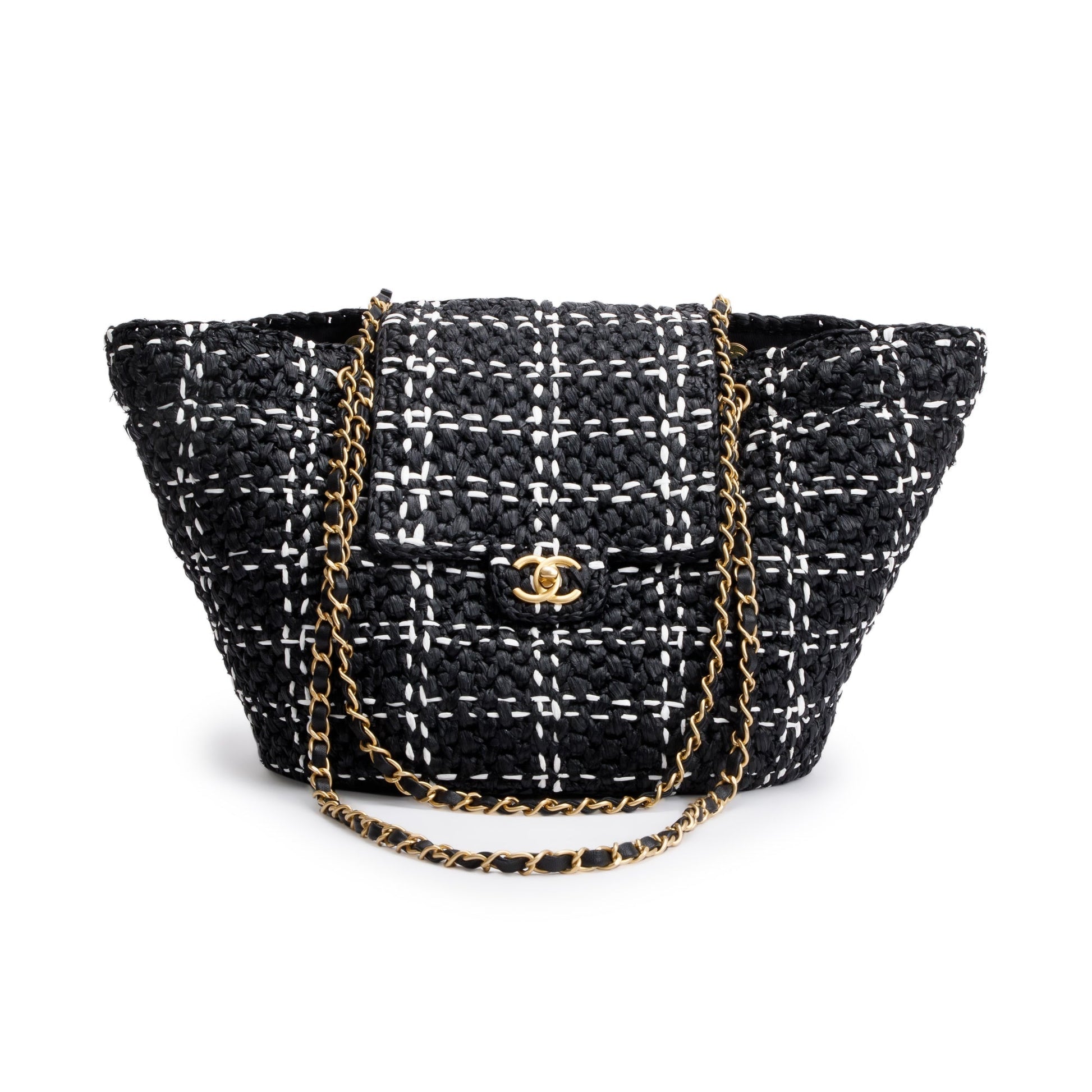 Chanel Raffia CC Flap Calfskin Black White Travel Bag