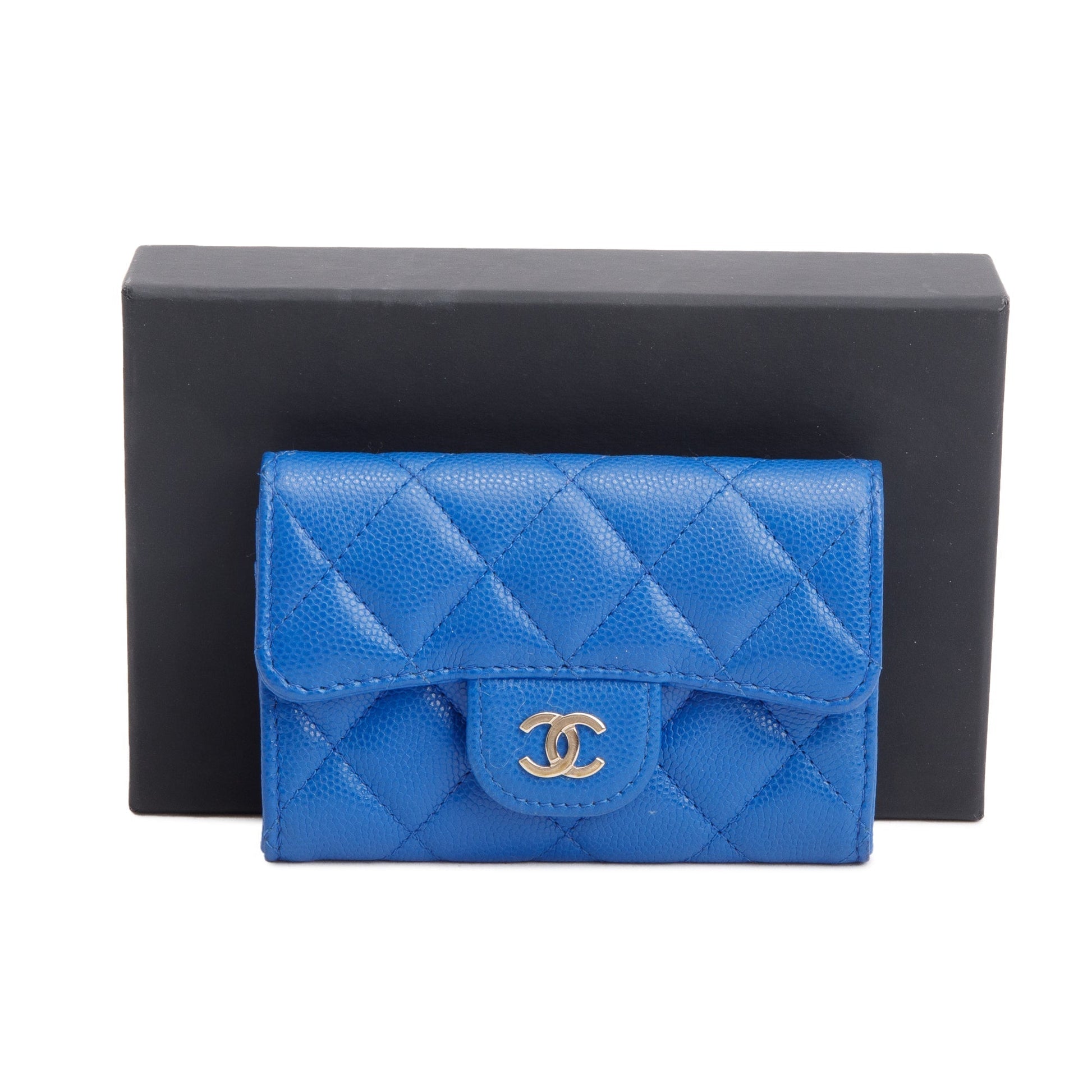 Chanel Caviar Classic Flap Card Holder Leather Blue Wallet Case