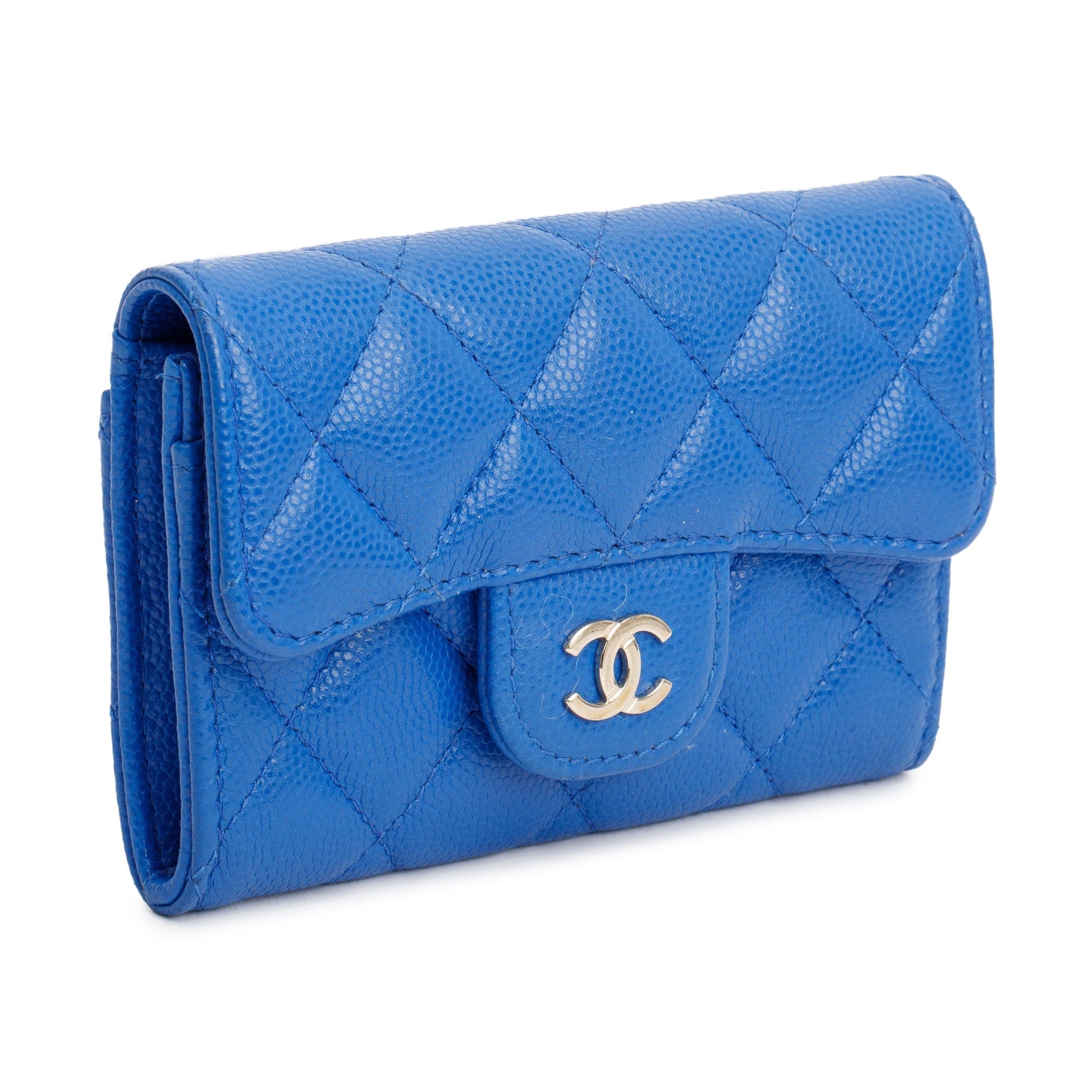 Chanel Caviar Classic Flap Card Holder Leather Blue Wallet Case
