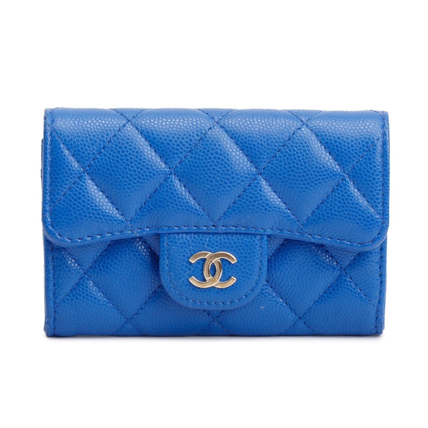 Chanel Caviar Classic Flap Card Holder Leather Blue Wallet Case