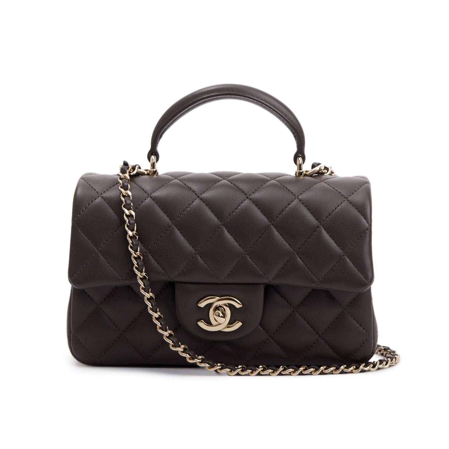 Chanel Quilted Top Handle Rectangular Flap Leather Lambskin Brown Travel Bag