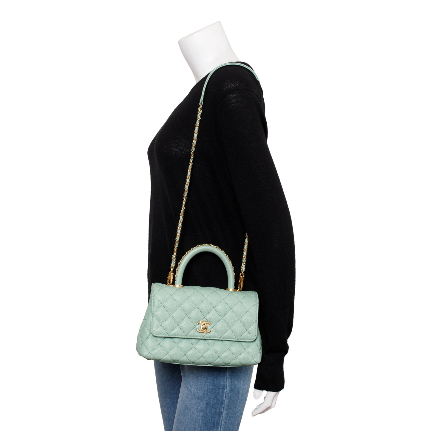 Chanel Quilted Caviar Coco Handle Leather Green Travel Bag