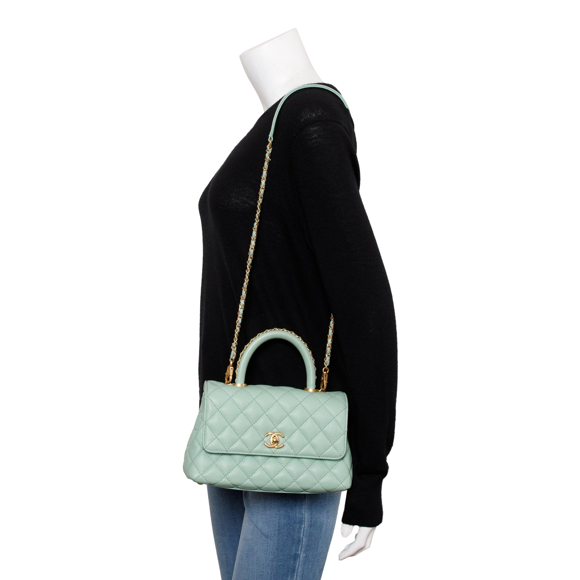 Chanel Quilted Caviar Coco Handle Leather Green Travel Bag