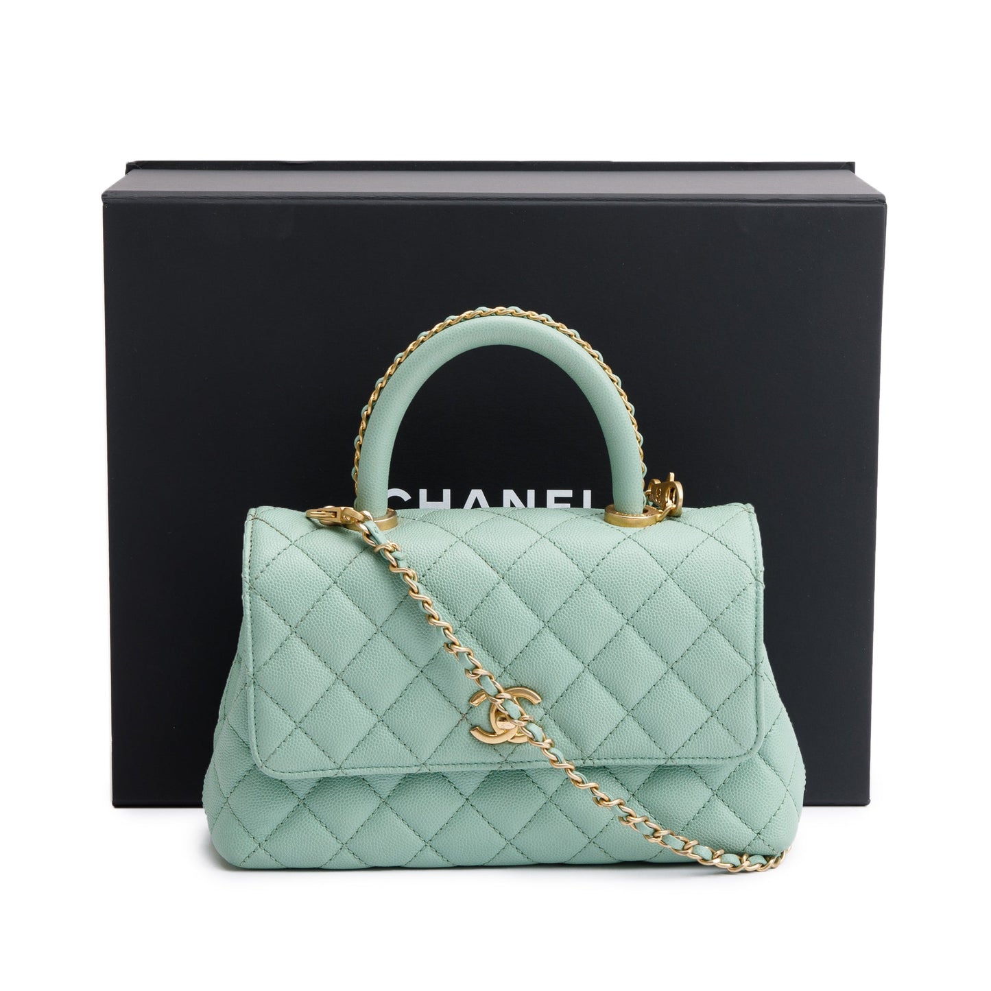 Chanel Quilted Caviar Coco Handle Leather Green Travel Bag