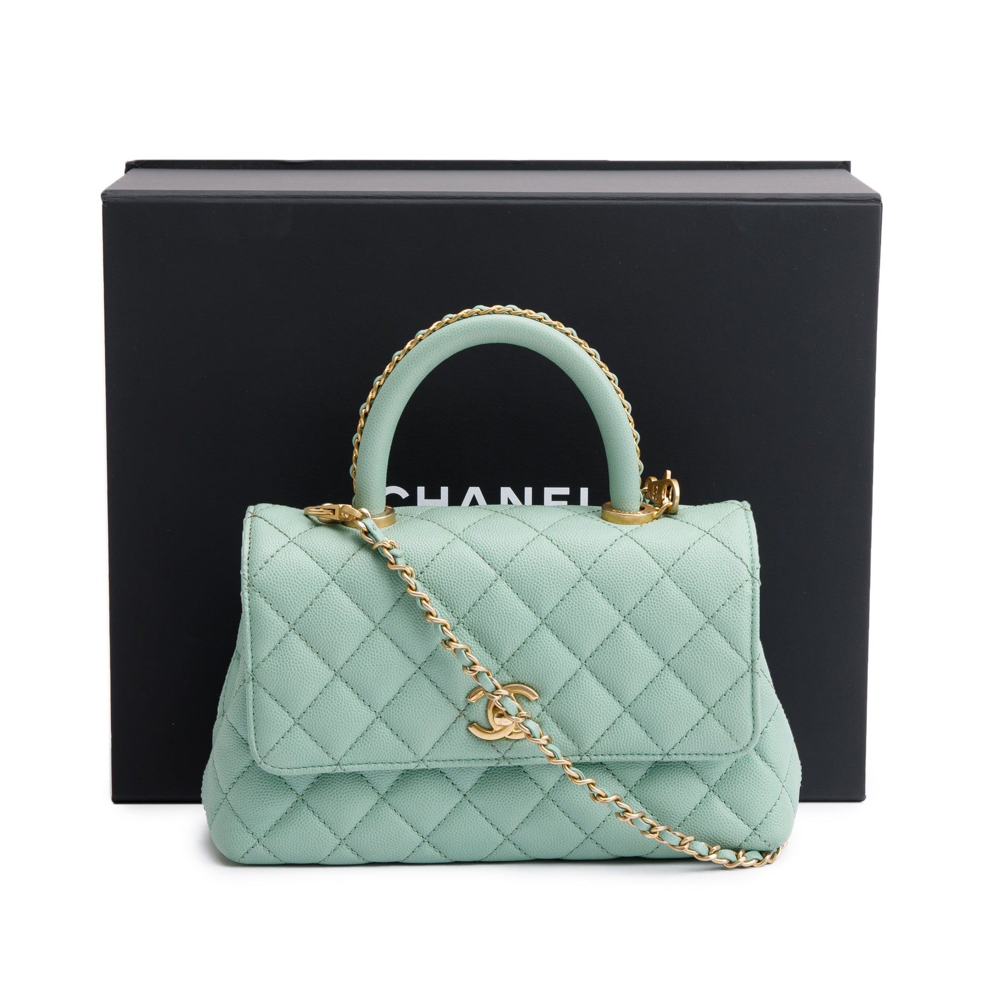 Chanel Quilted Caviar Coco Handle Leather Green Travel Bag