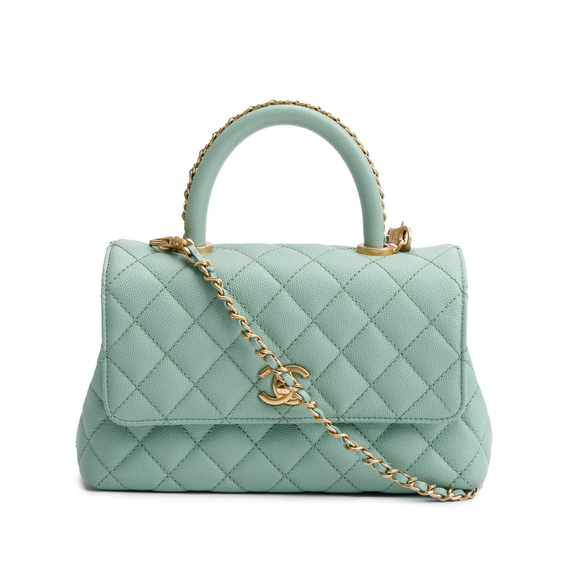 Chanel Quilted Caviar Coco Handle Leather Green Travel Bag