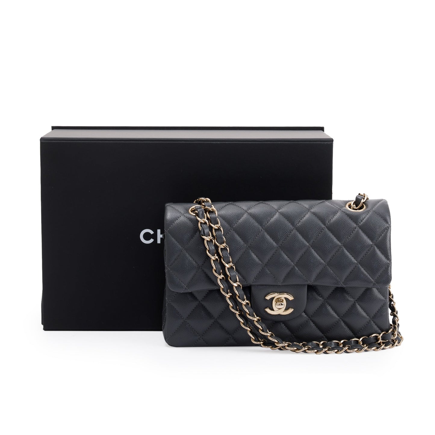 Chanel Caviar Classic Double Flap Grey Travel Bag