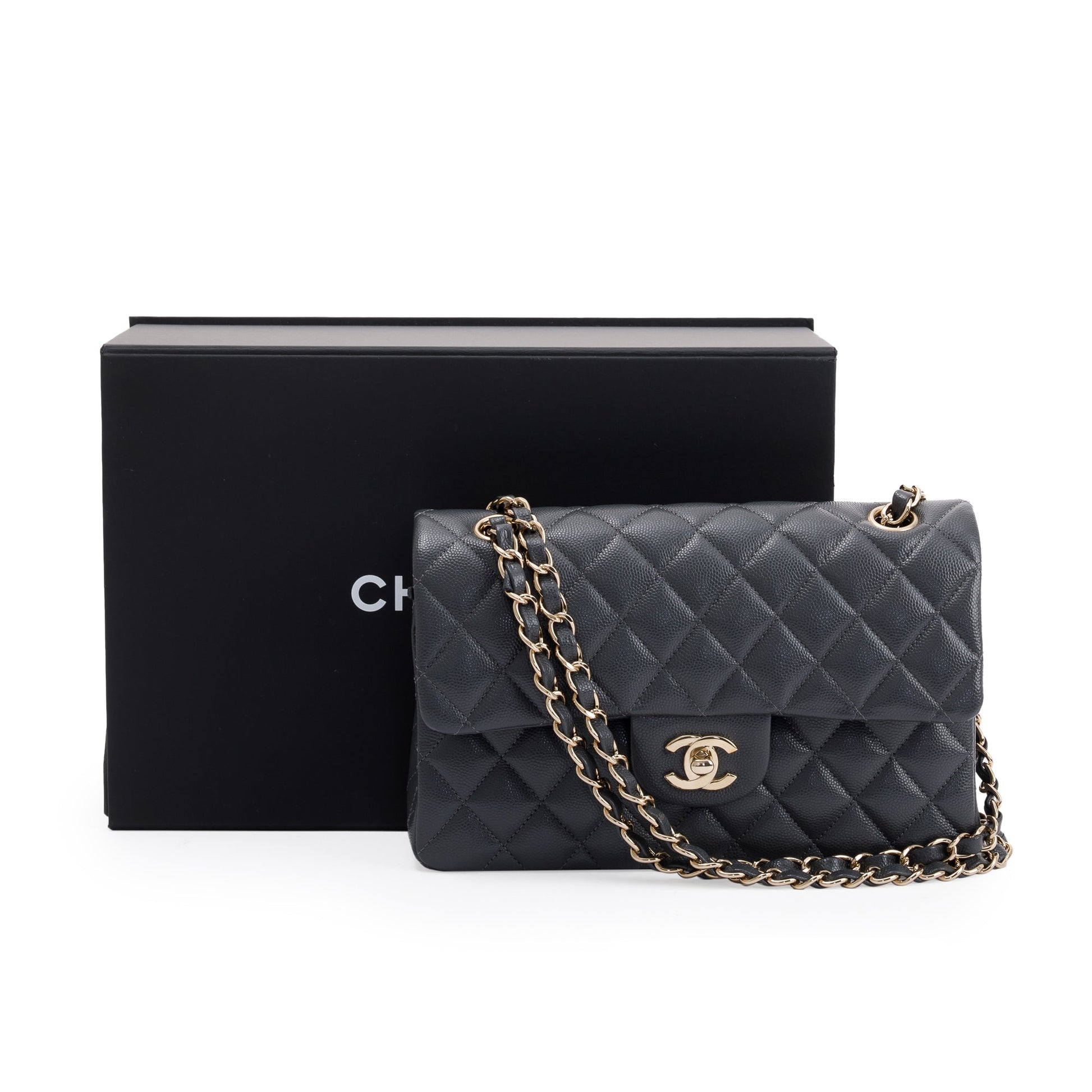 Chanel Caviar Classic Double Flap Grey Travel Bag