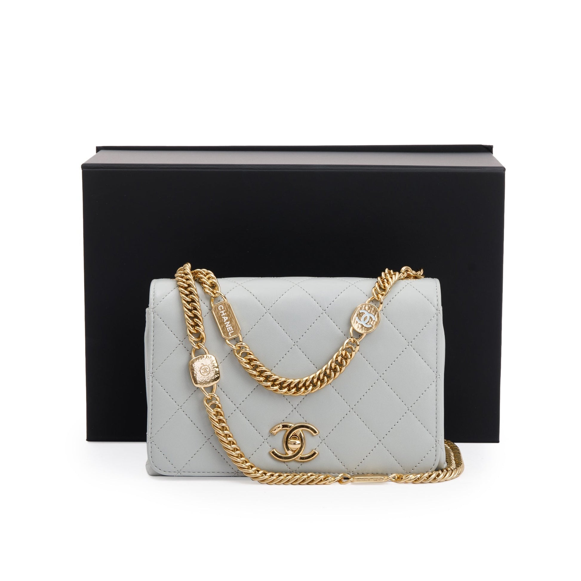 Chanel Quilted Logo Handle Flap Leather Lambskin Grey Travel Bag