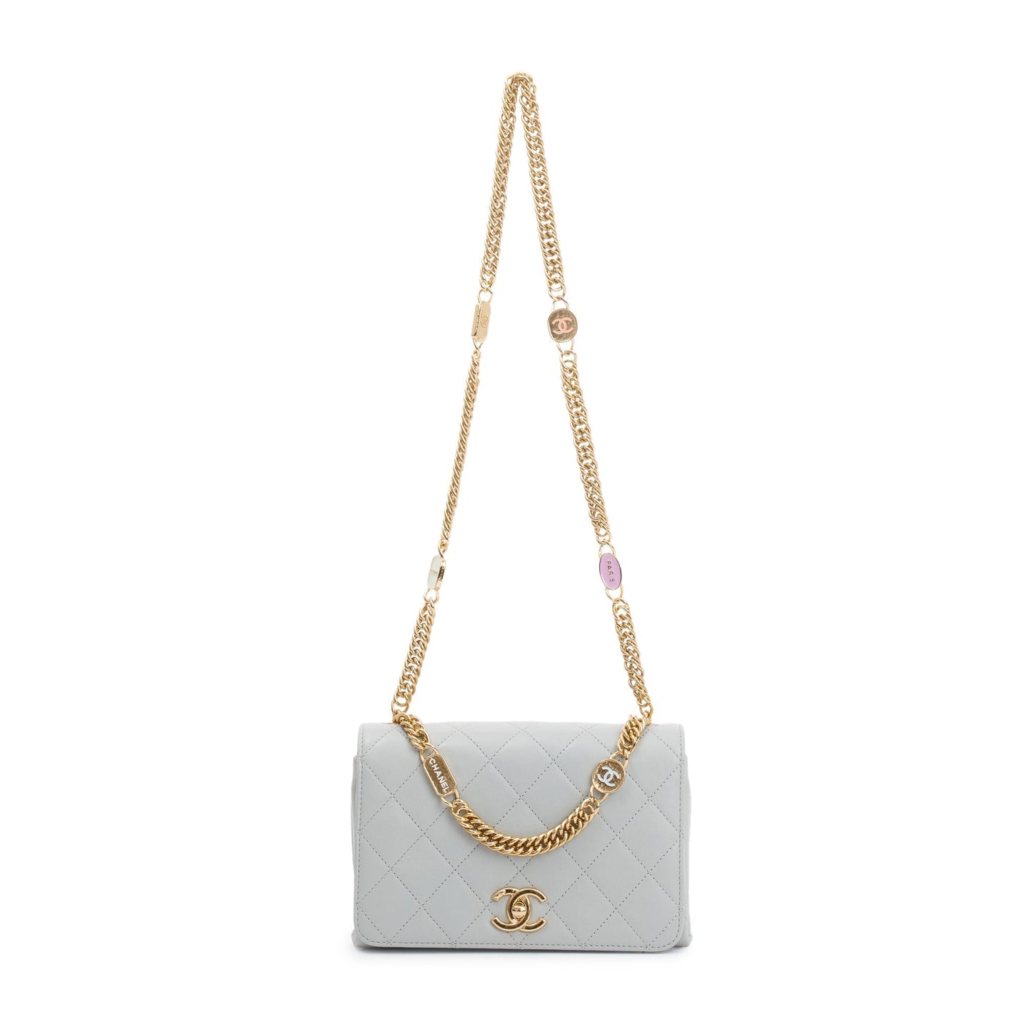 Chanel Quilted Logo Handle Flap Leather Lambskin Grey Travel Bag