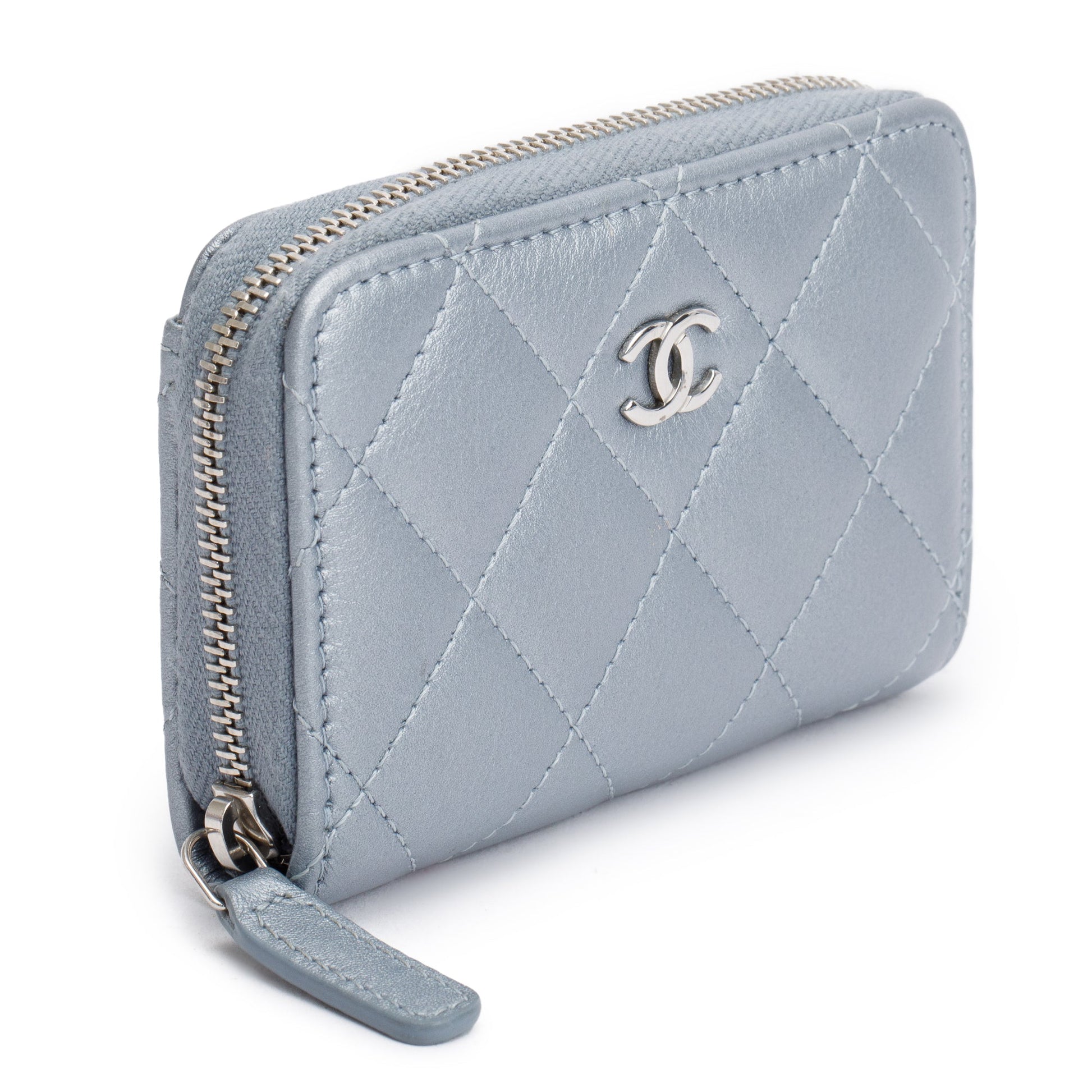 Chanel ipped Coin Purse Leather Calfskin Blue Wallet Case