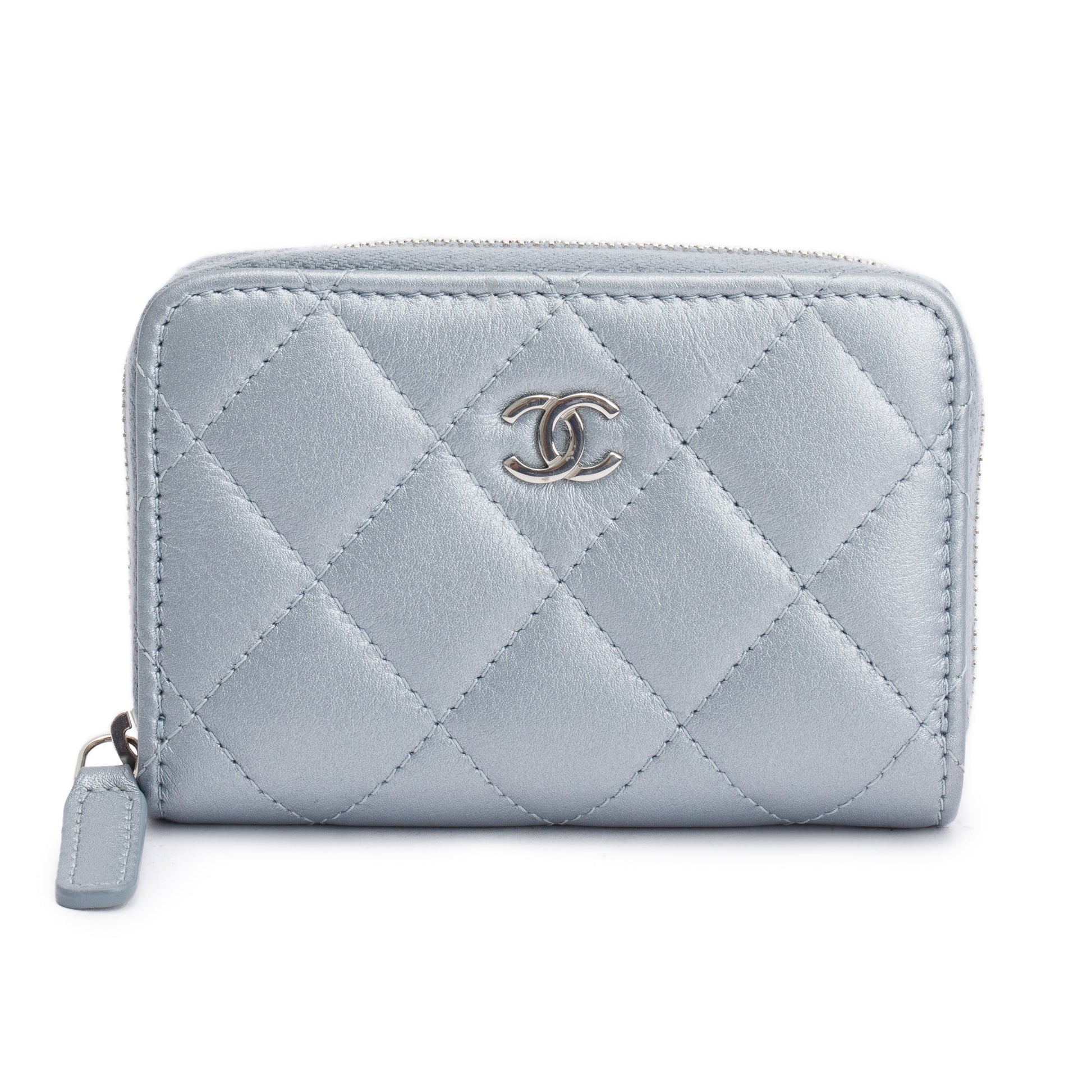 Chanel ipped Coin Purse Leather Calfskin Blue Wallet Case