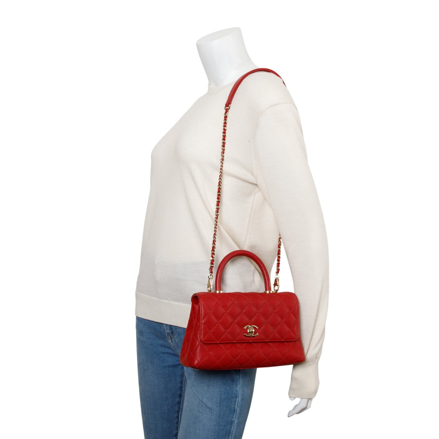 Chanel Quilted Caviar Coco Handle Leather Red Travel Bag