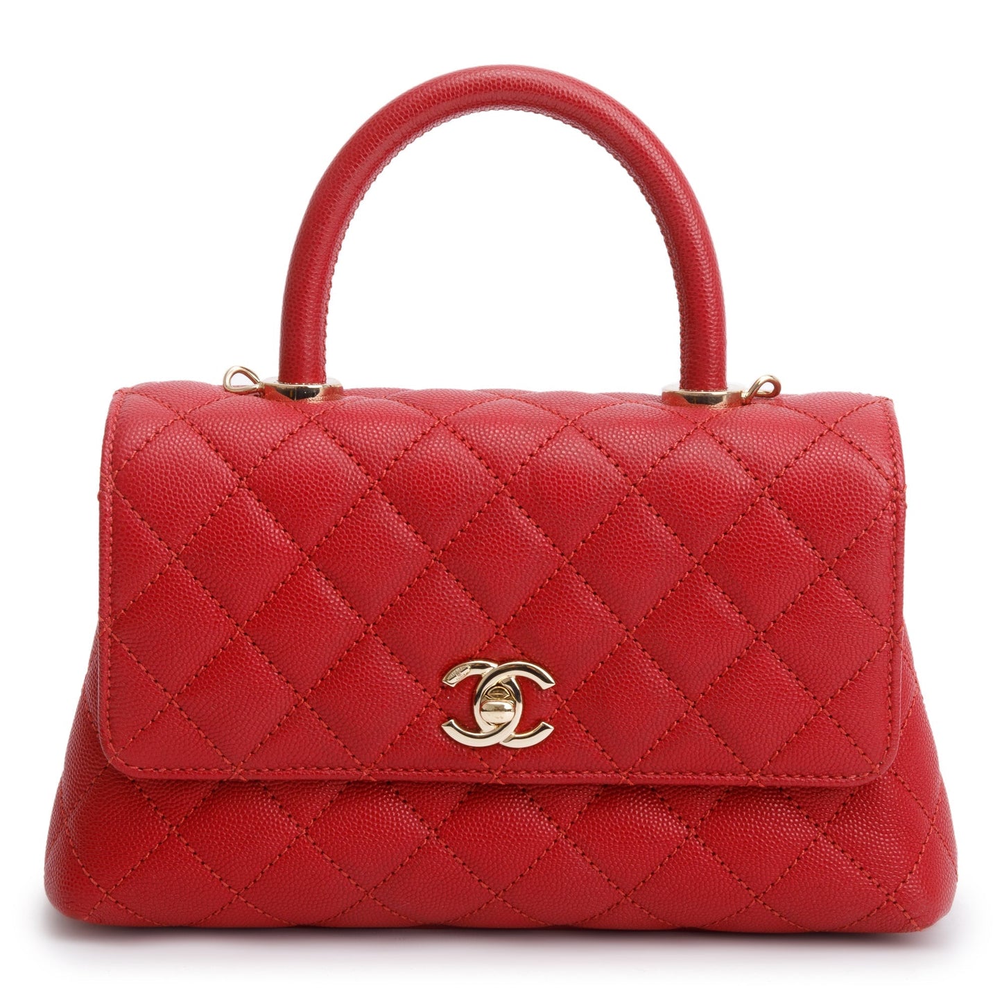 Chanel Quilted Caviar Coco Handle Leather Red Travel Bag