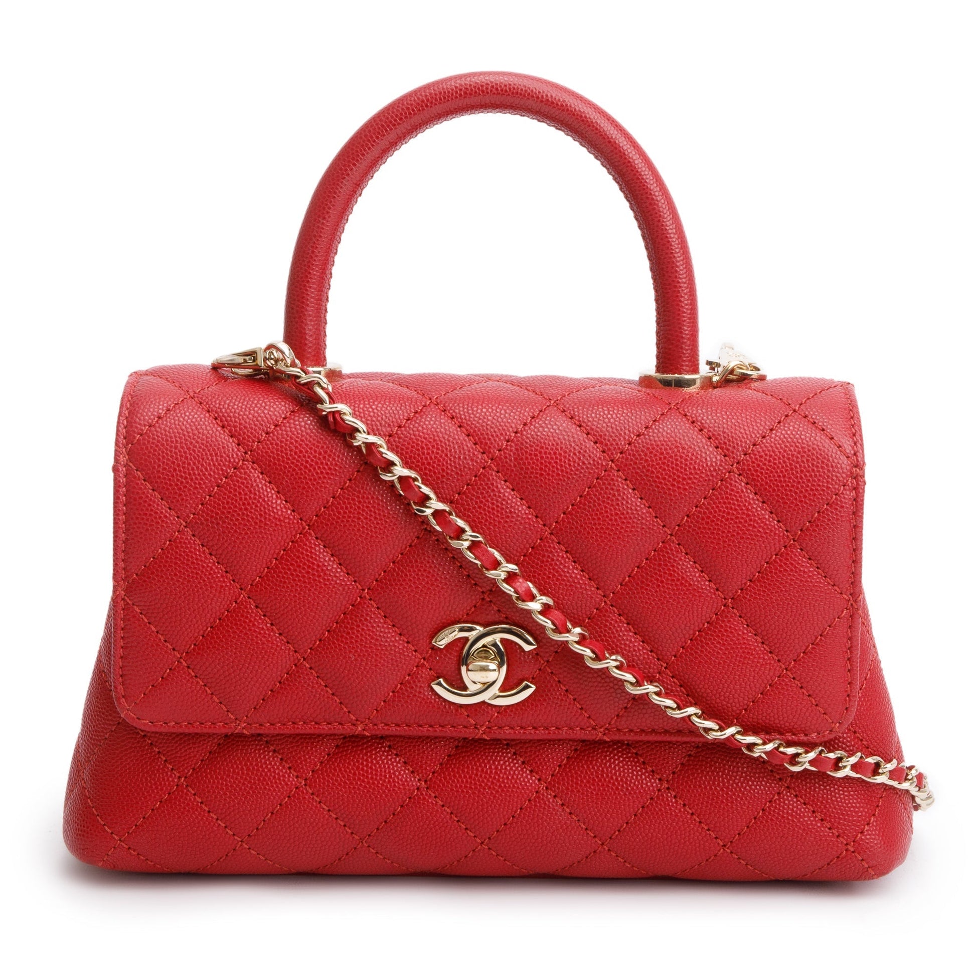 Chanel Quilted Caviar Coco Handle Leather Red Travel Bag