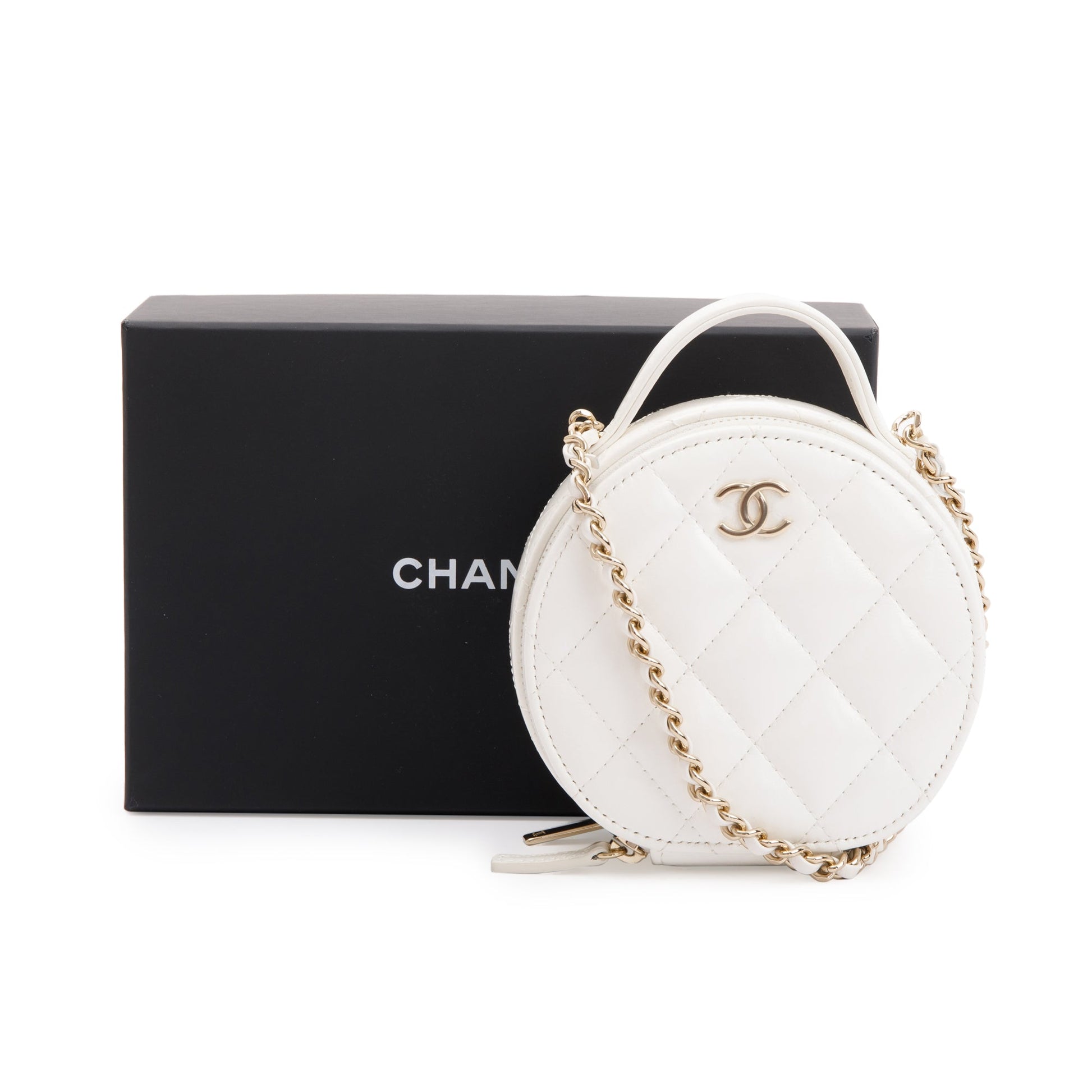 Chanel Handle Care Round Vanity Leather Lambskin White Travel Bag