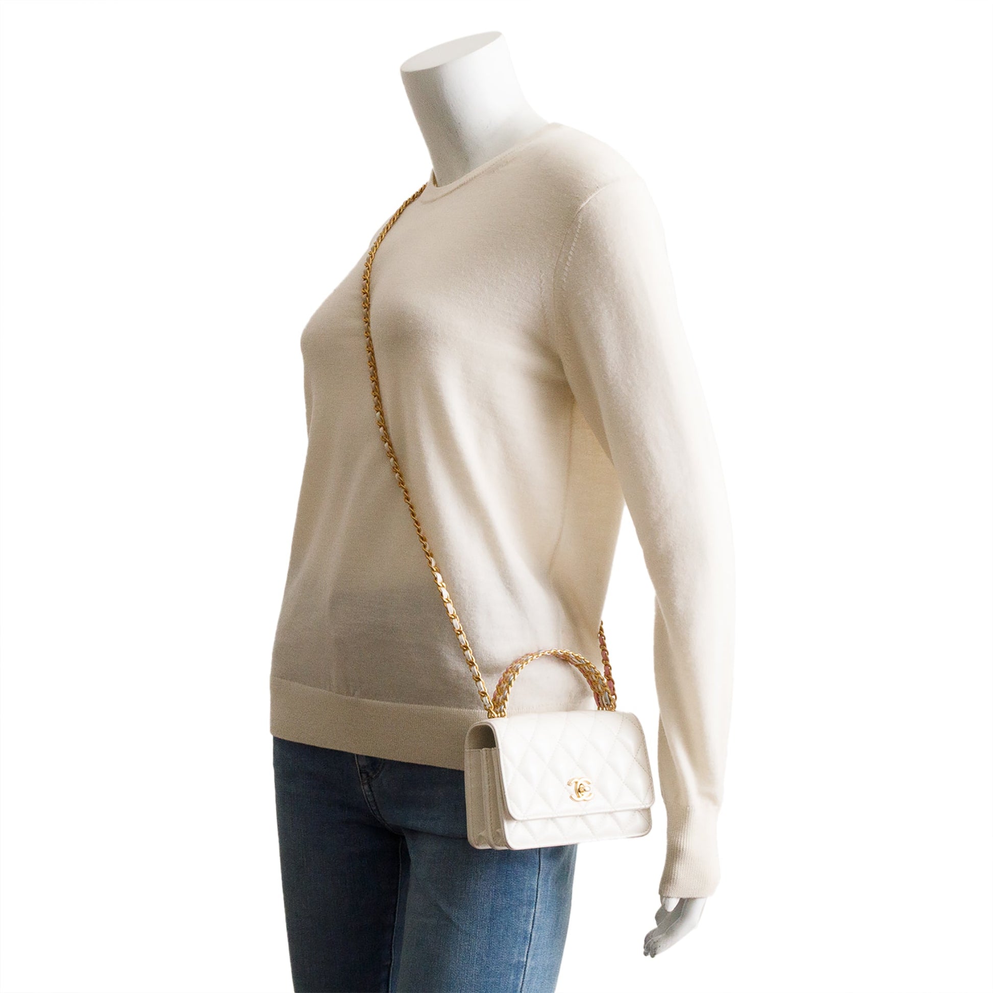 Chanel Quilted Glazed Rainbow Top Handle Calfskin White Travel Bag
