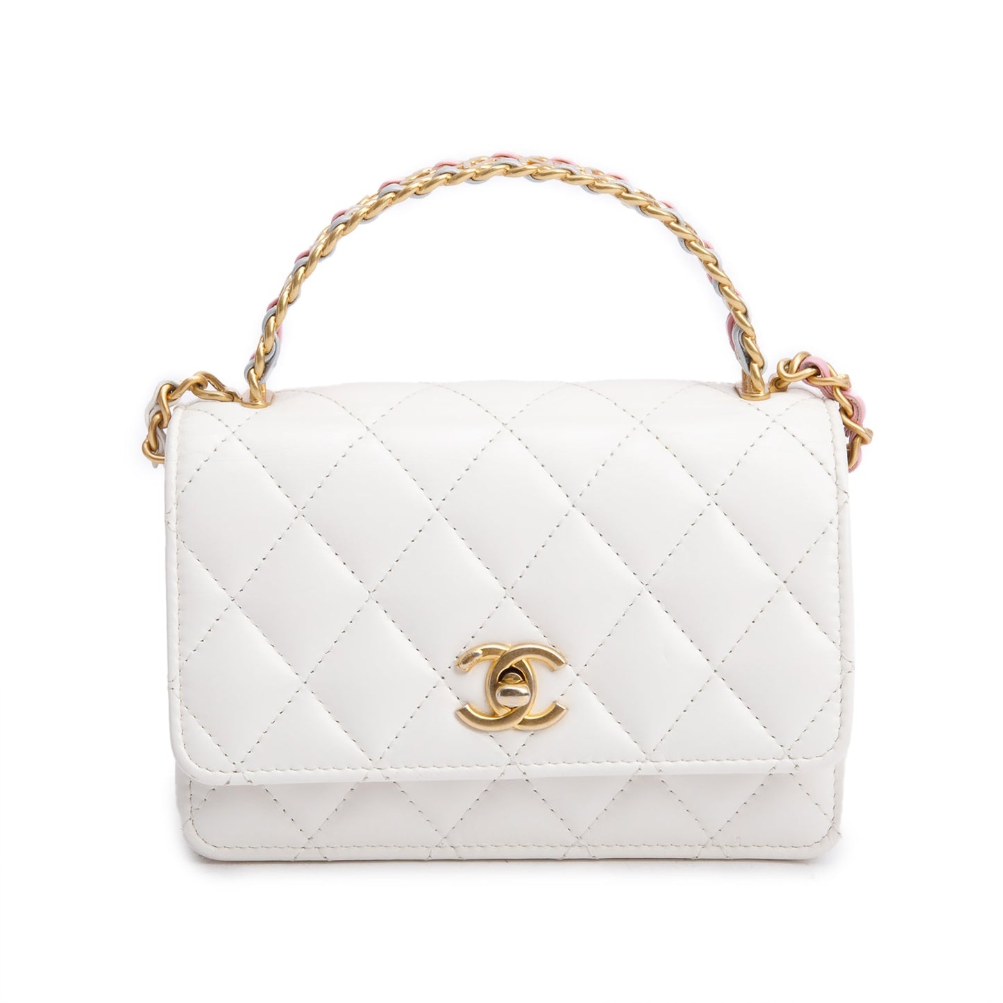 Chanel Quilted Glazed Rainbow Top Handle Calfskin White Travel Bag