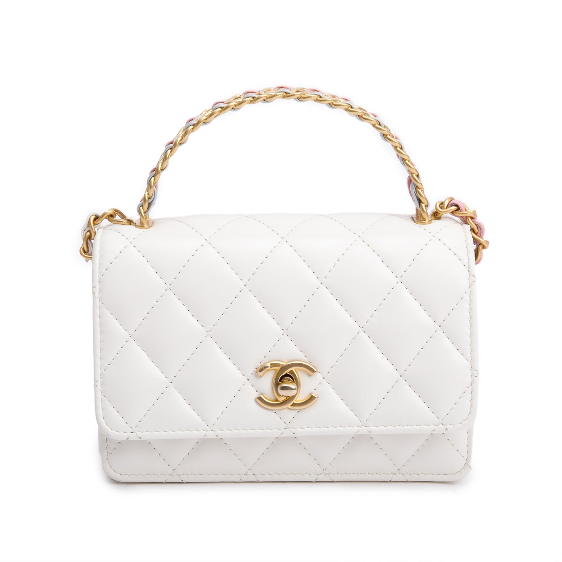 Chanel Quilted Glazed Rainbow Top Handle Calfskin White Travel Bag