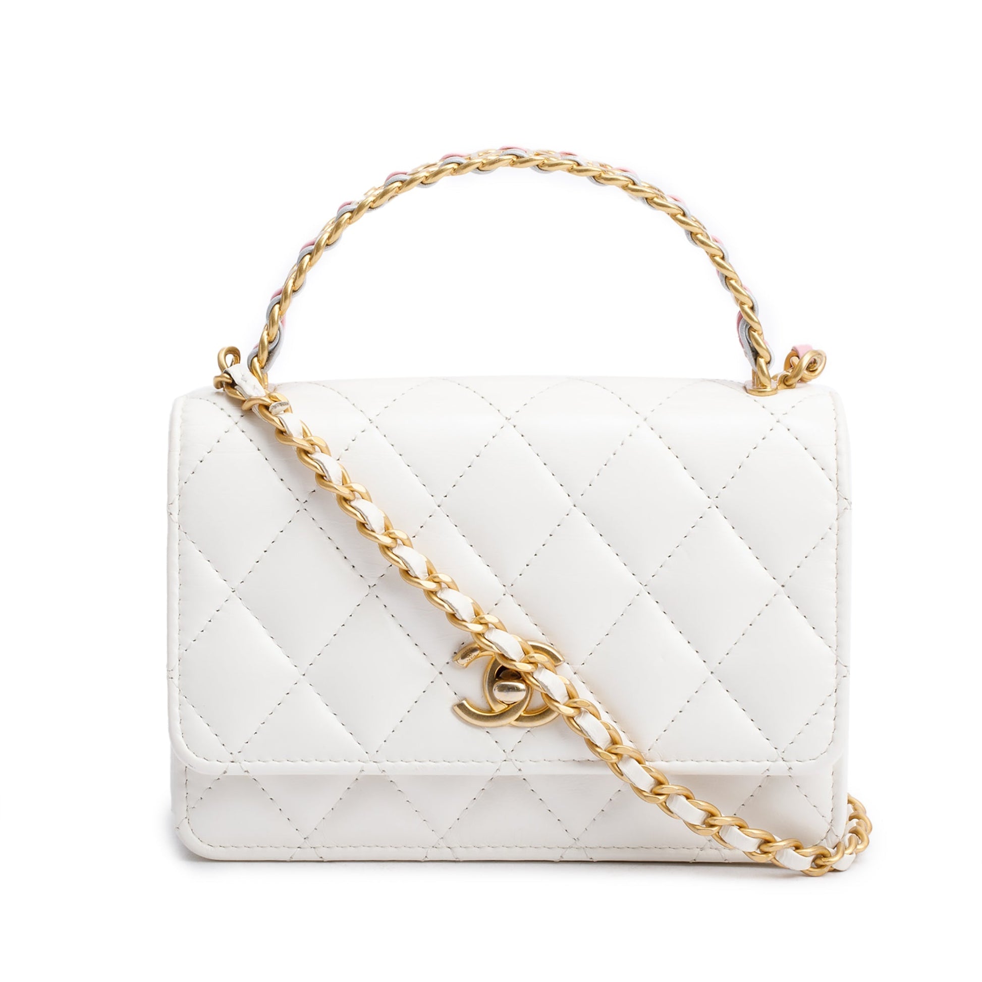 Chanel Quilted Glazed Rainbow Top Handle Calfskin White Travel Bag