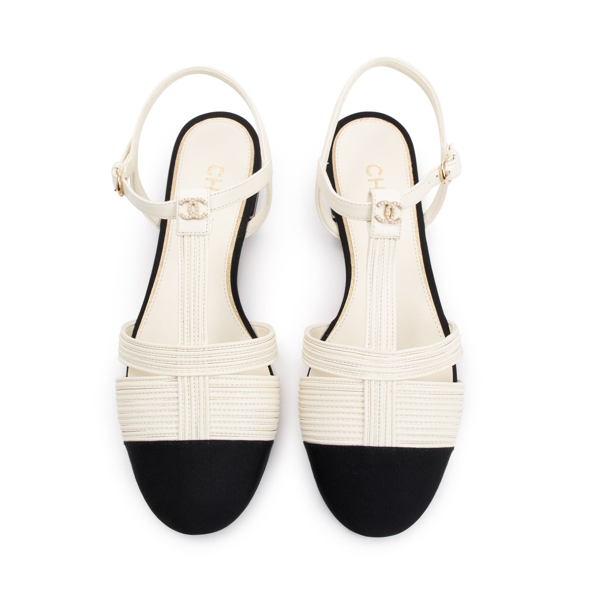 Chanel Interlocking CC Logo Slingback Flats Lambskin Black White Shoes