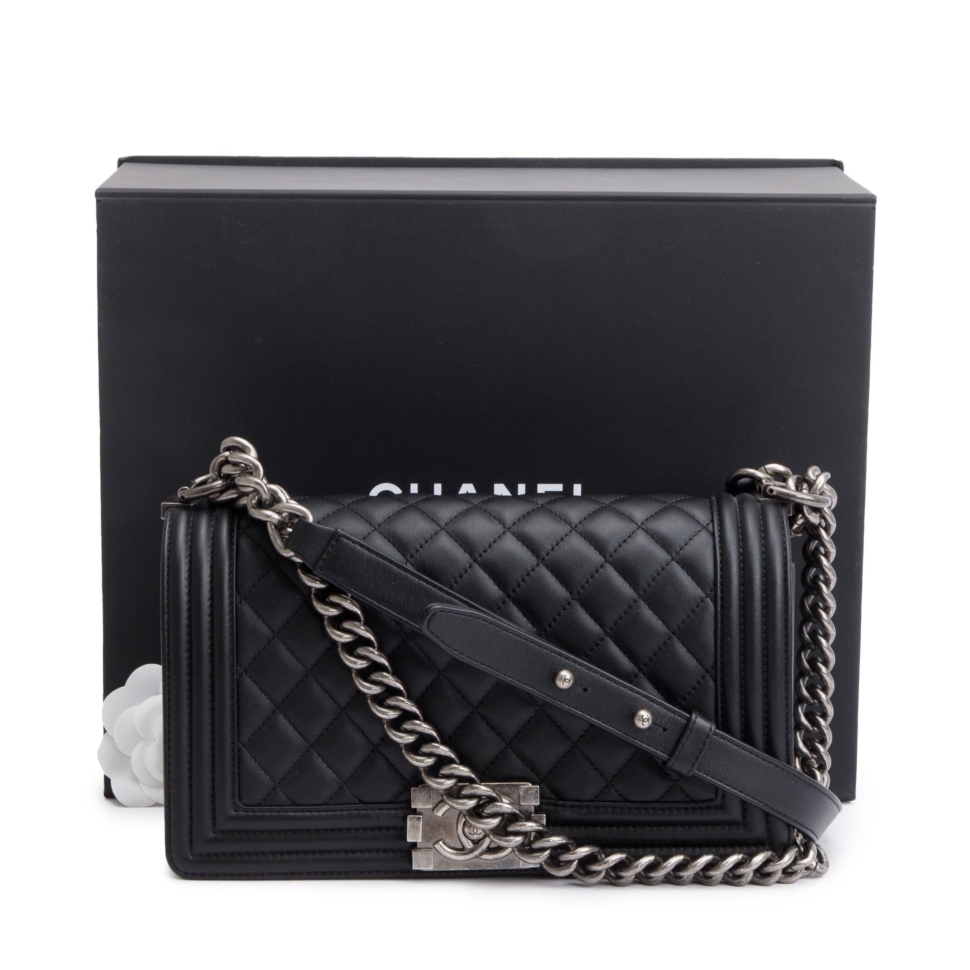 Chanel Boy Lambskin Black Travel Bag W Box