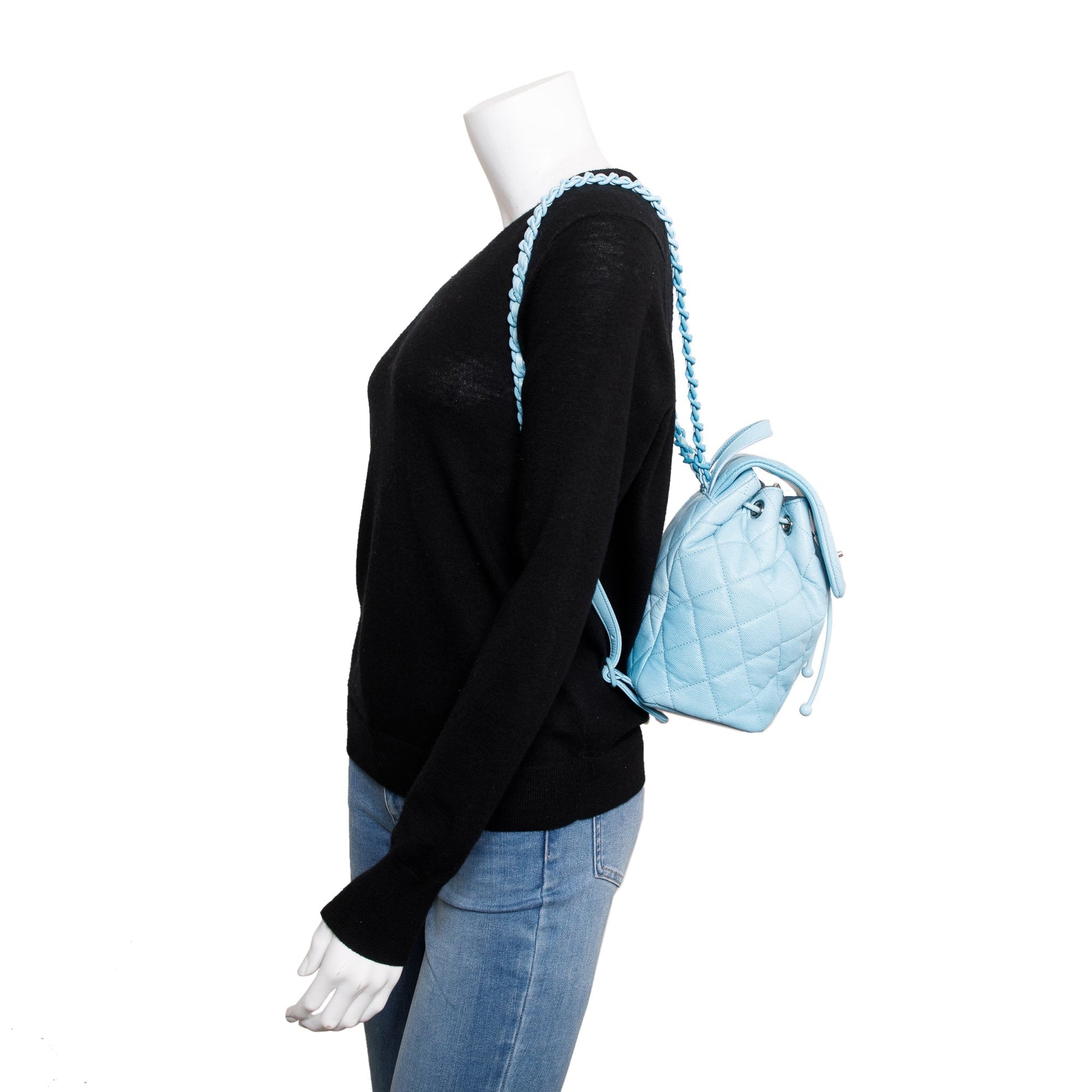 Chanel Quilted Caviar Backpack Leather Blue Travel Bag