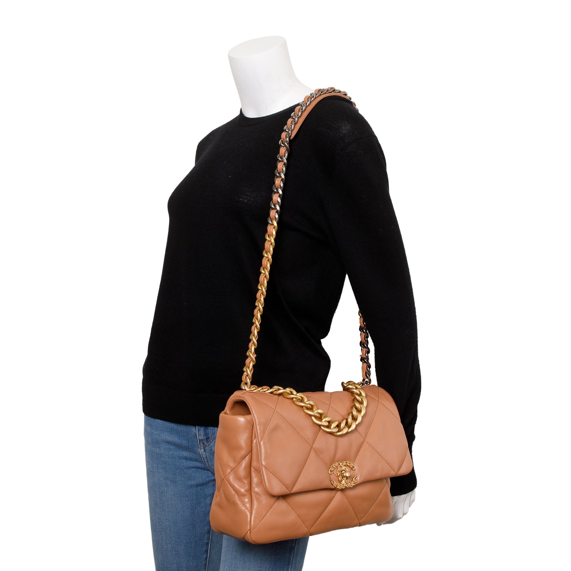 Chanel 19 Flap Leather Lambskin Brown Travel Bag