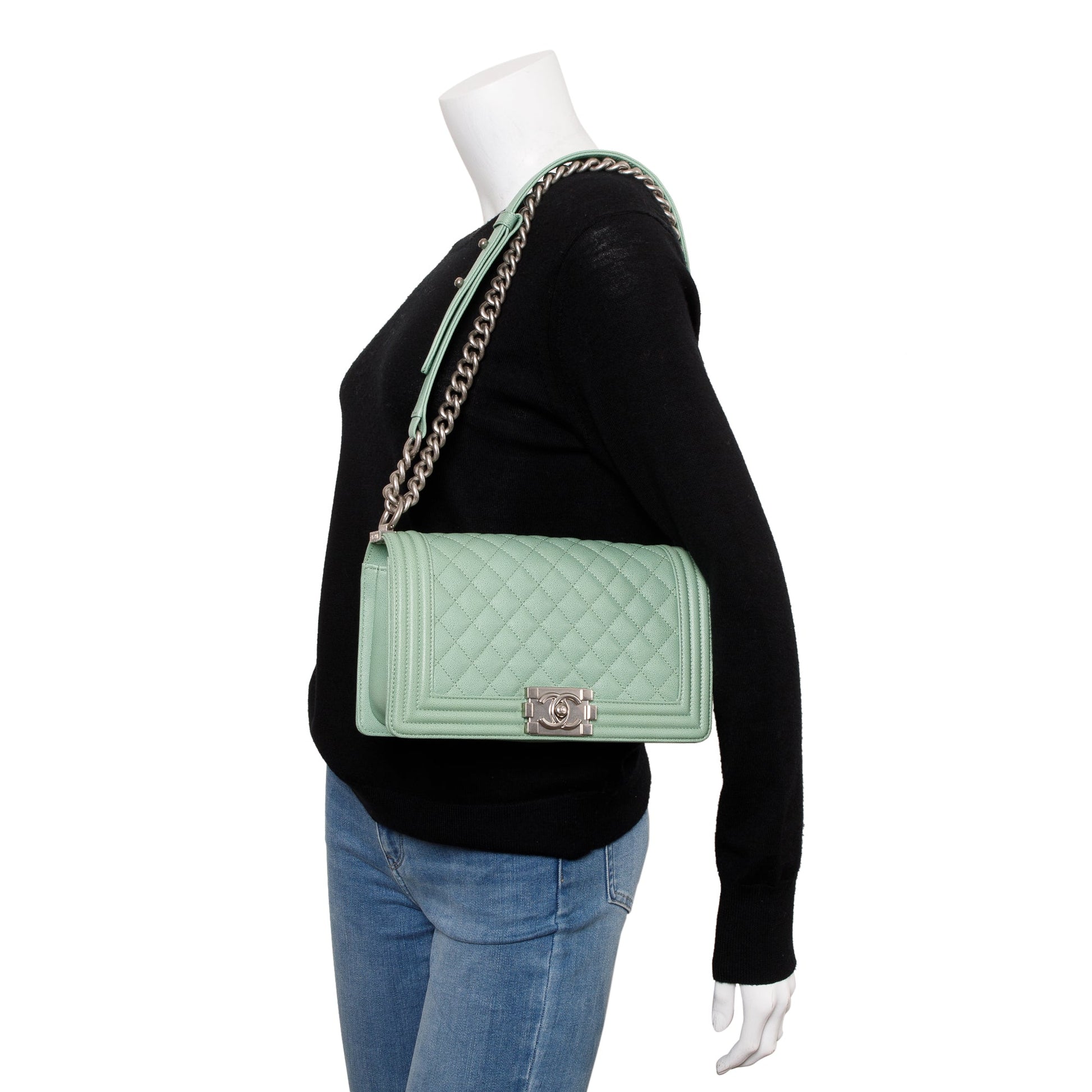 Chanel Caviar Boy Leather Green Travel Bag