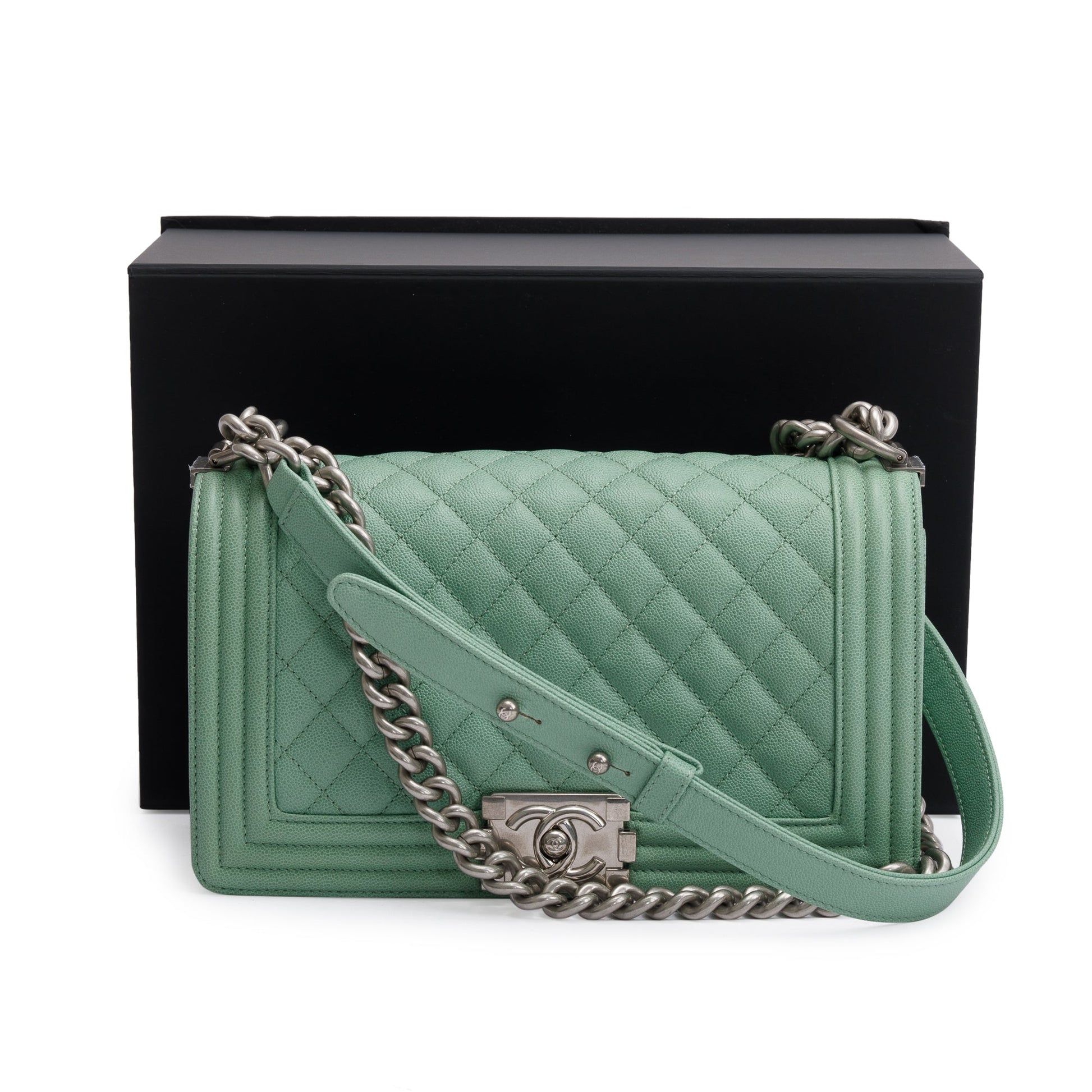 Chanel Caviar Boy Leather Green Travel Bag