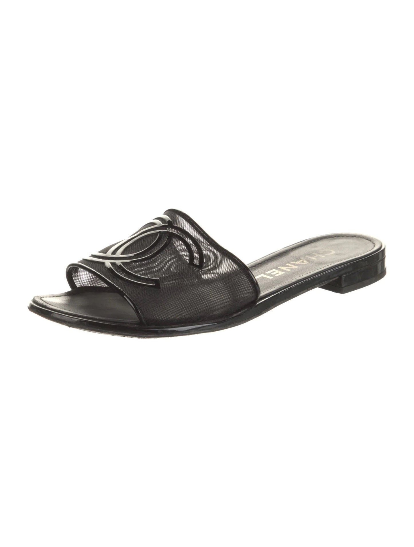 CHANEL 21S MESH PATENT LEATHER CC LOGO SLIDE SANDALS