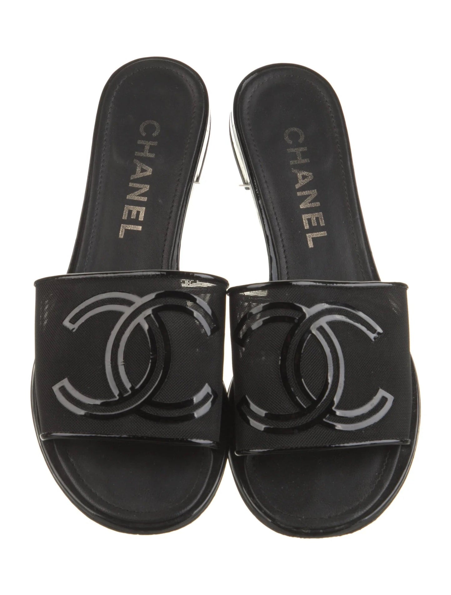Chanel 21S Mesh Patent Leather CC Logo Slide Sandals for Women