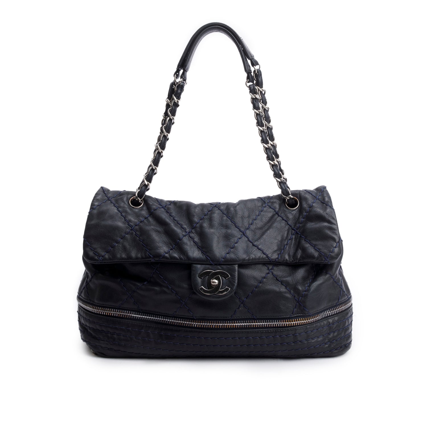 Chanel Navy Quilted Stitched Expandable Ligne Leather Calfskin Travel Bag