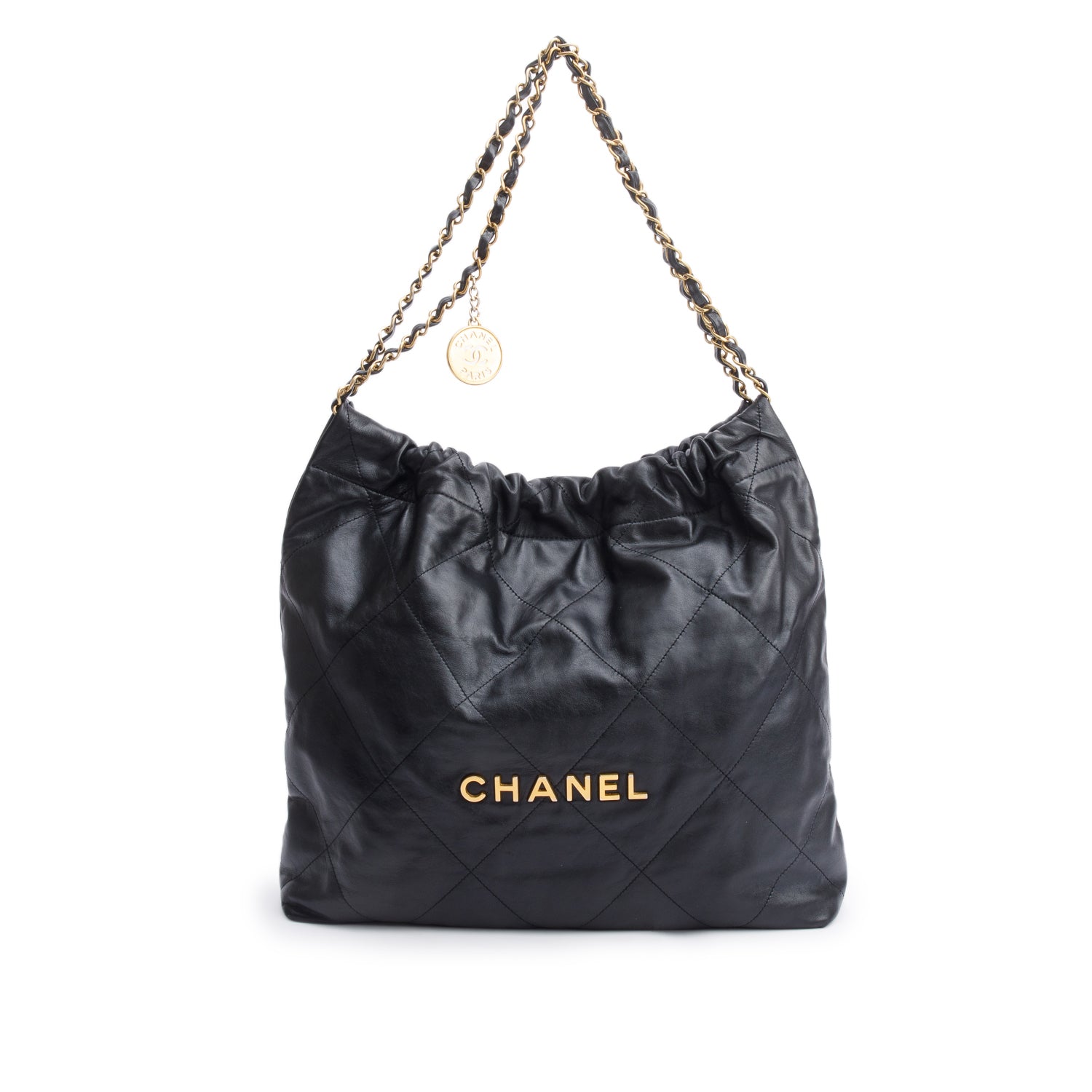 Chanel Shiny 22 Hobo Leather Calfskin Black Travel Bag W Pouch
