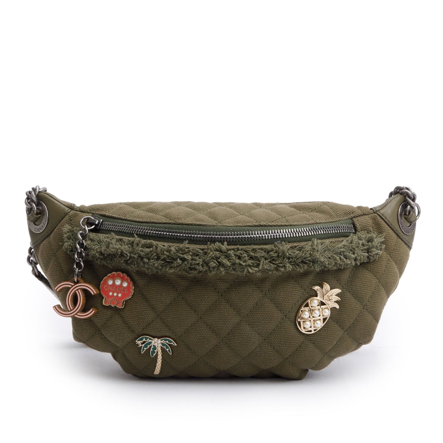 Chanel Khaki & Quilted Cocco Cuba Canvas Leather Lambskin Key Chain