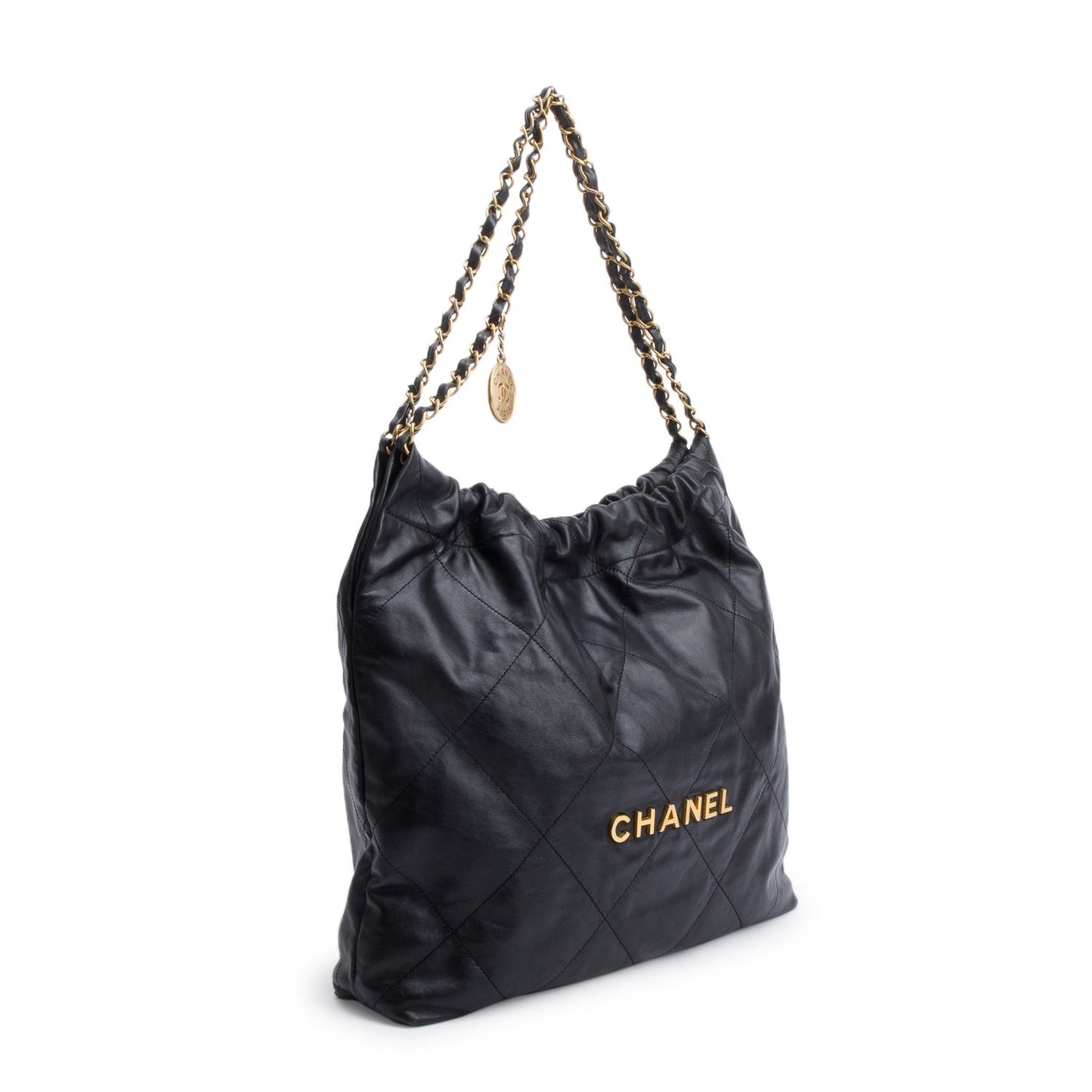 Chanel Shiny 22 Hobo Leather Calfskin Black Travel Bag W Pouch