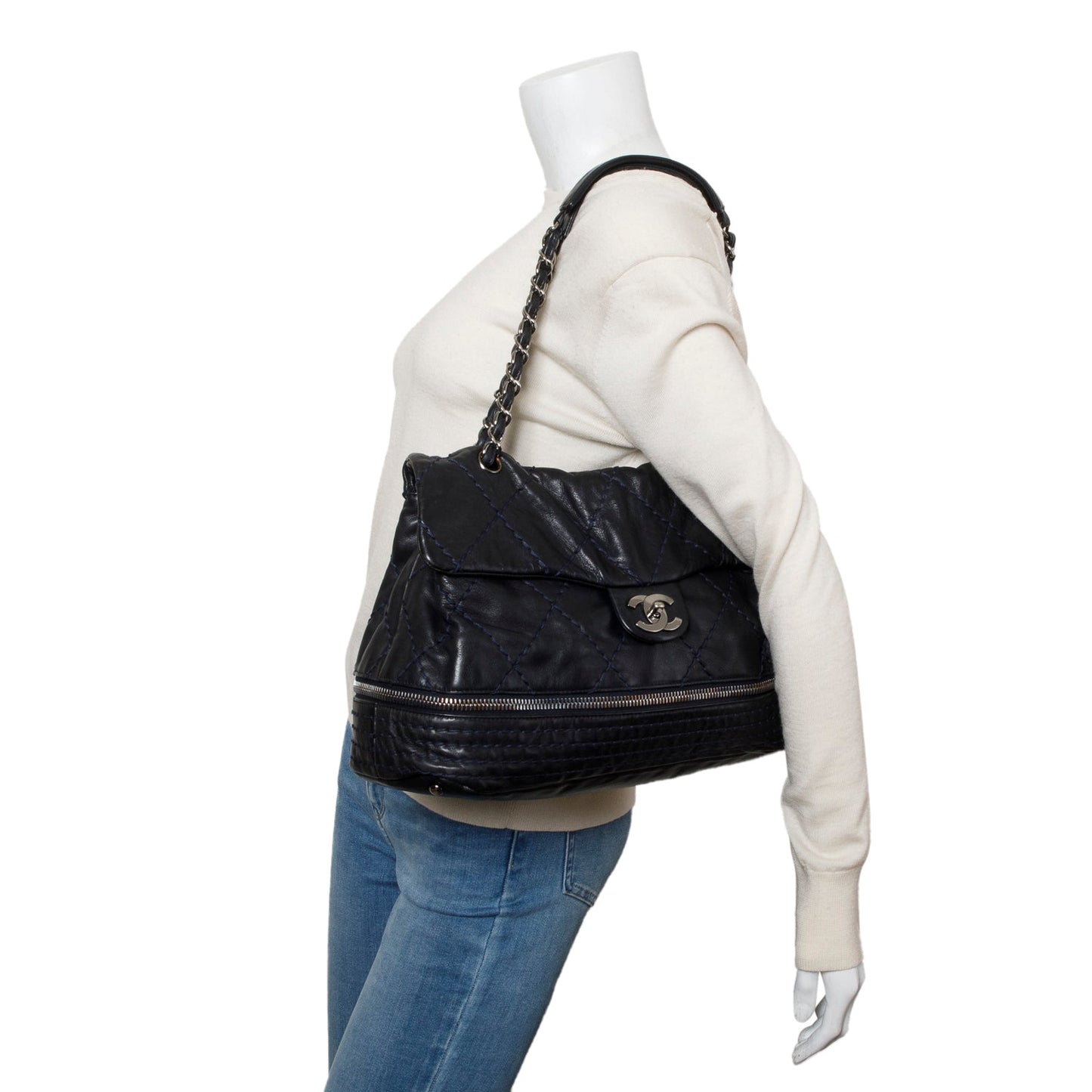 Chanel Navy Quilted Stitched Expandable Ligne Leather Calfskin Travel Bag